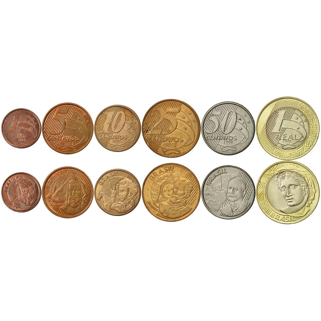 ブラジル|6枚硬貨セット|1センターヴォ 5 10 25 50 センターヴォス 1 レアル|1998年 - 2024年