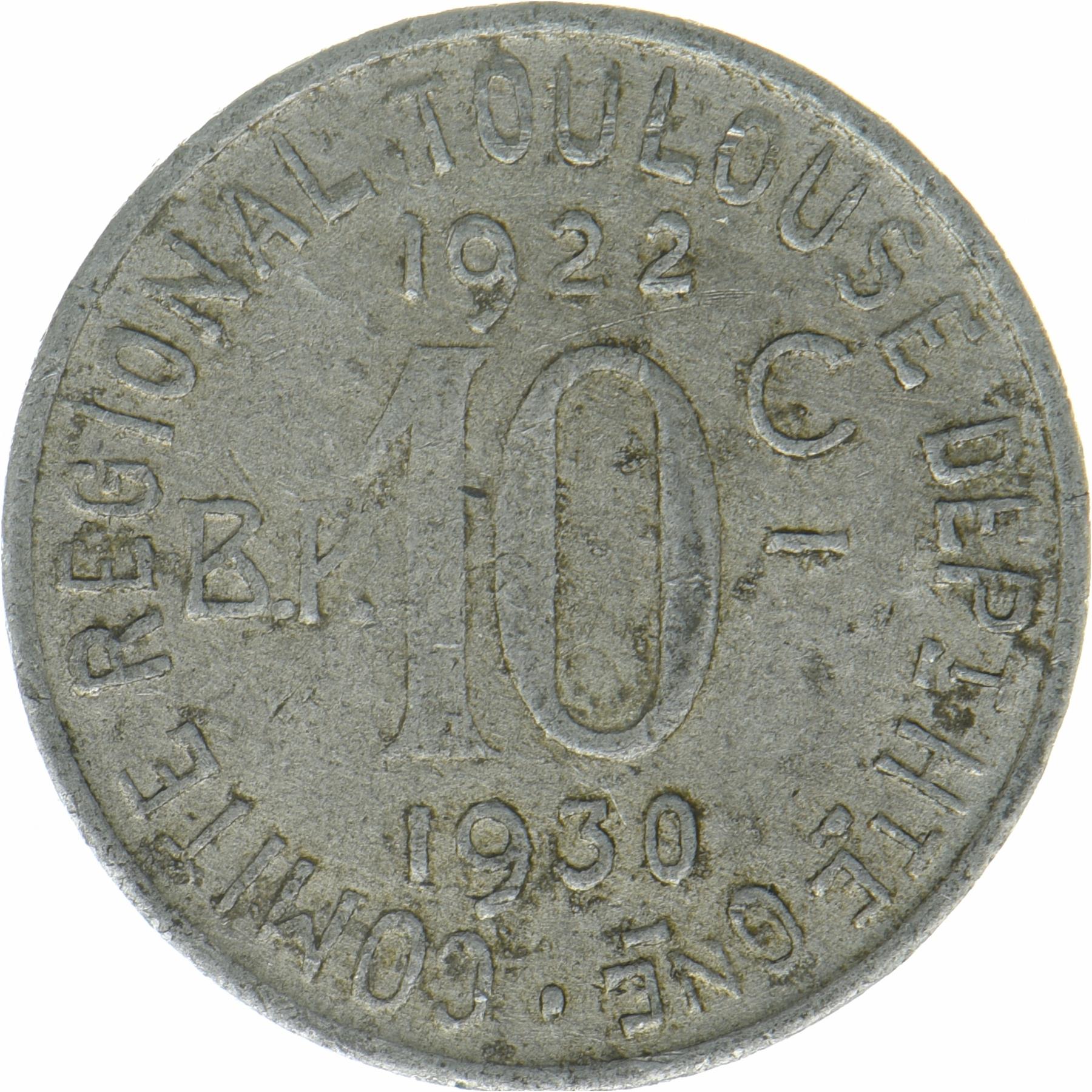 Frankrig Toulouse | 10 Centimes Mønt | Latinsk Sejlskib | Élie mon:15,5, 15,8 | 1922