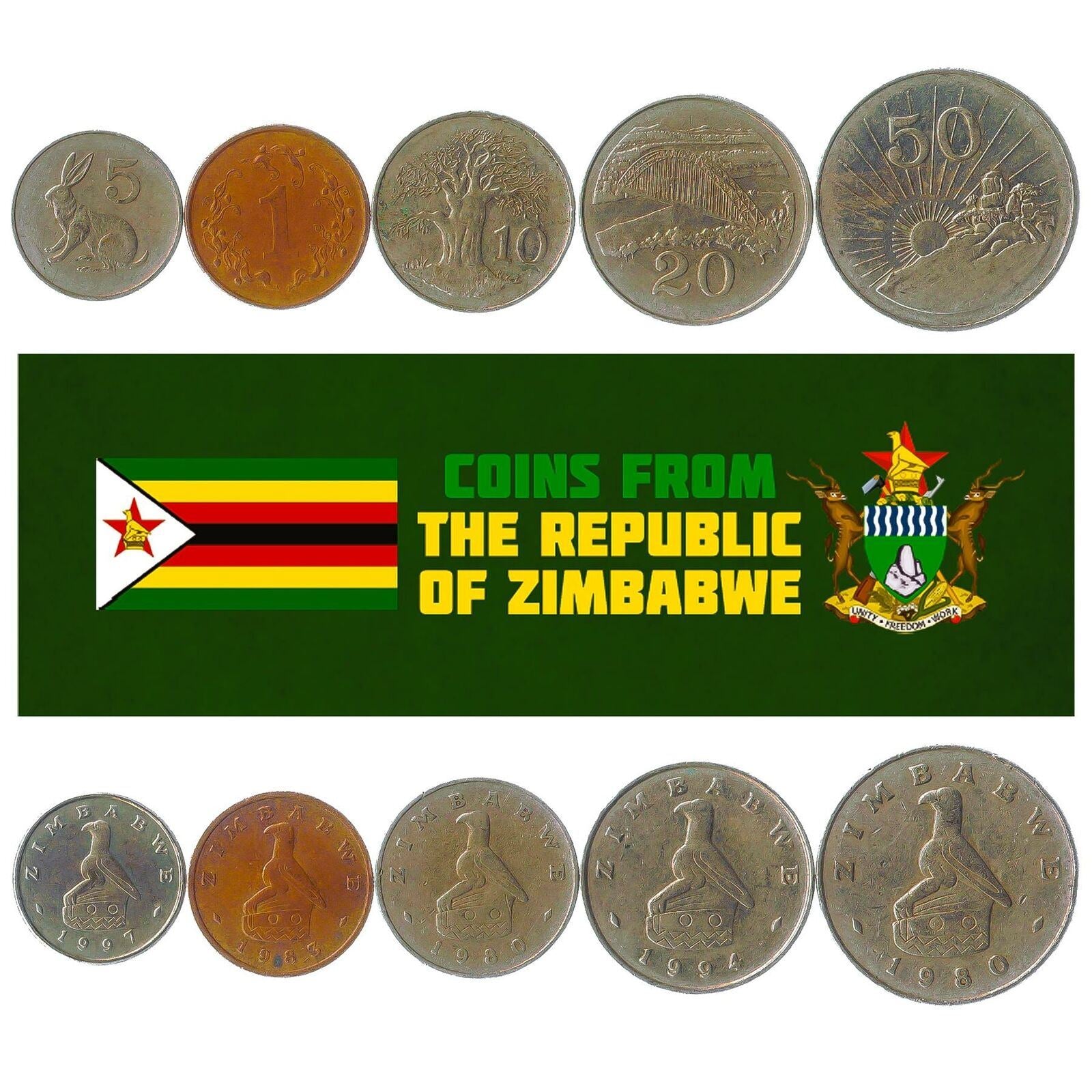 5 Mixed Coins From Zimbabwe | 1 - 50 Cents | 1980 - 2018