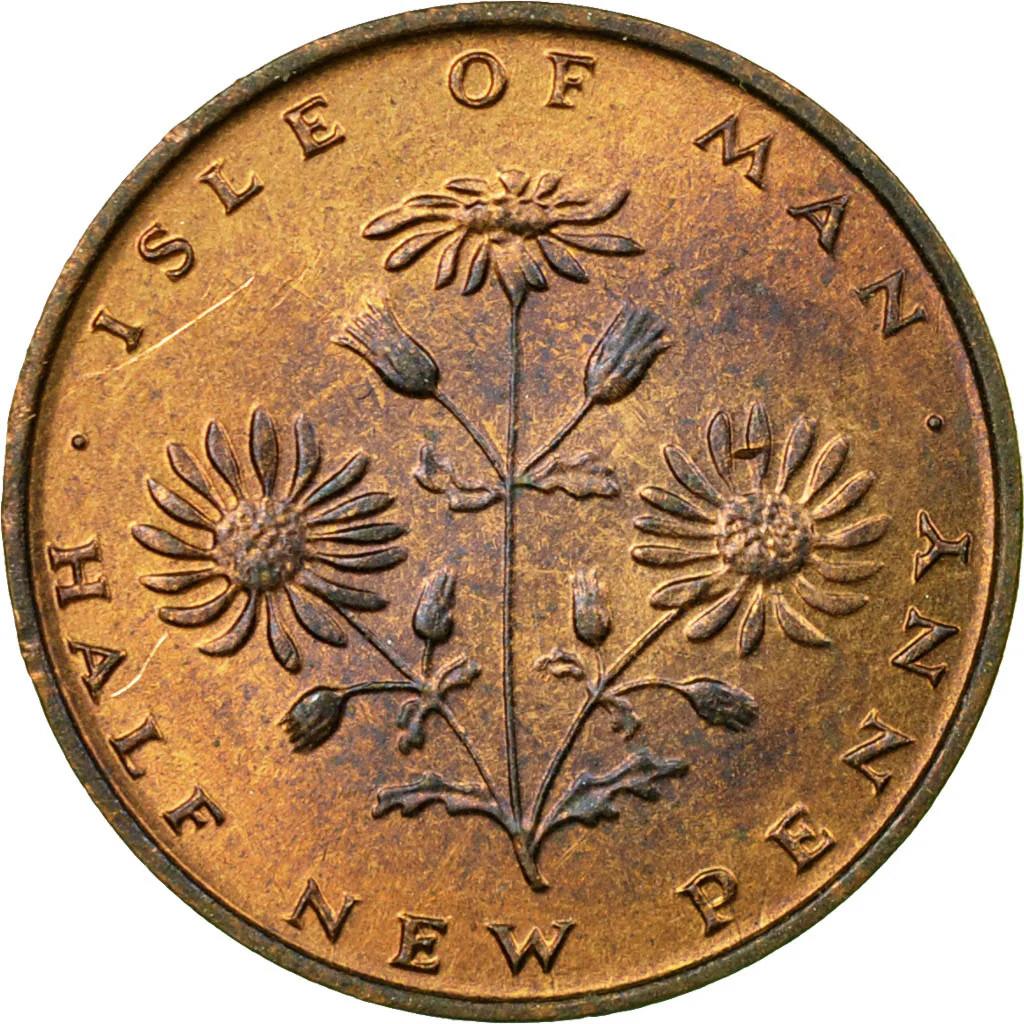 Isle of Man Coin Manx ½ New Penny | Queen Elizabeth II | Jacobaea Vulgaris | National Flower | KM19 | 1971 - 1975