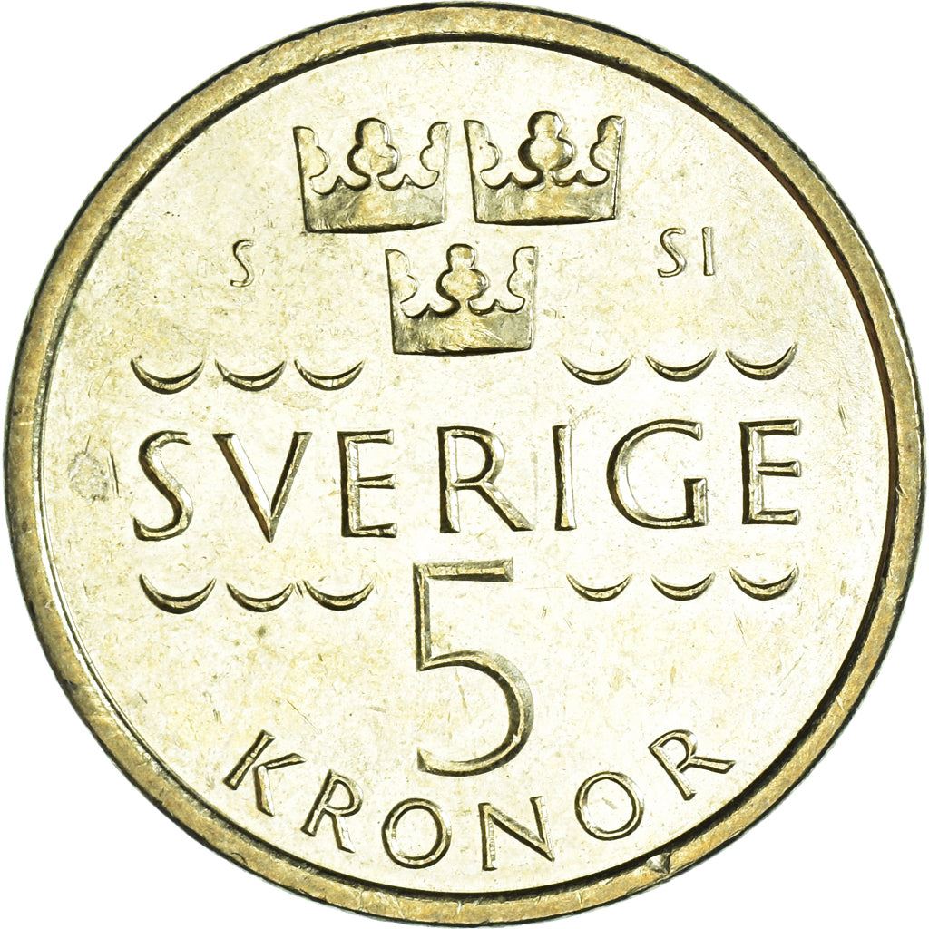 Sweden | 5 Kronor Coin | Crown | Monogram | Waves | Km:930 | 2016