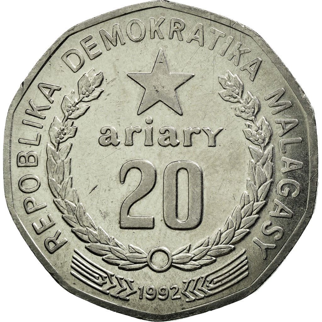 Madagascar | 20 Ariary Coin | Star | Tractor | Farmer | Km:19 | 1992