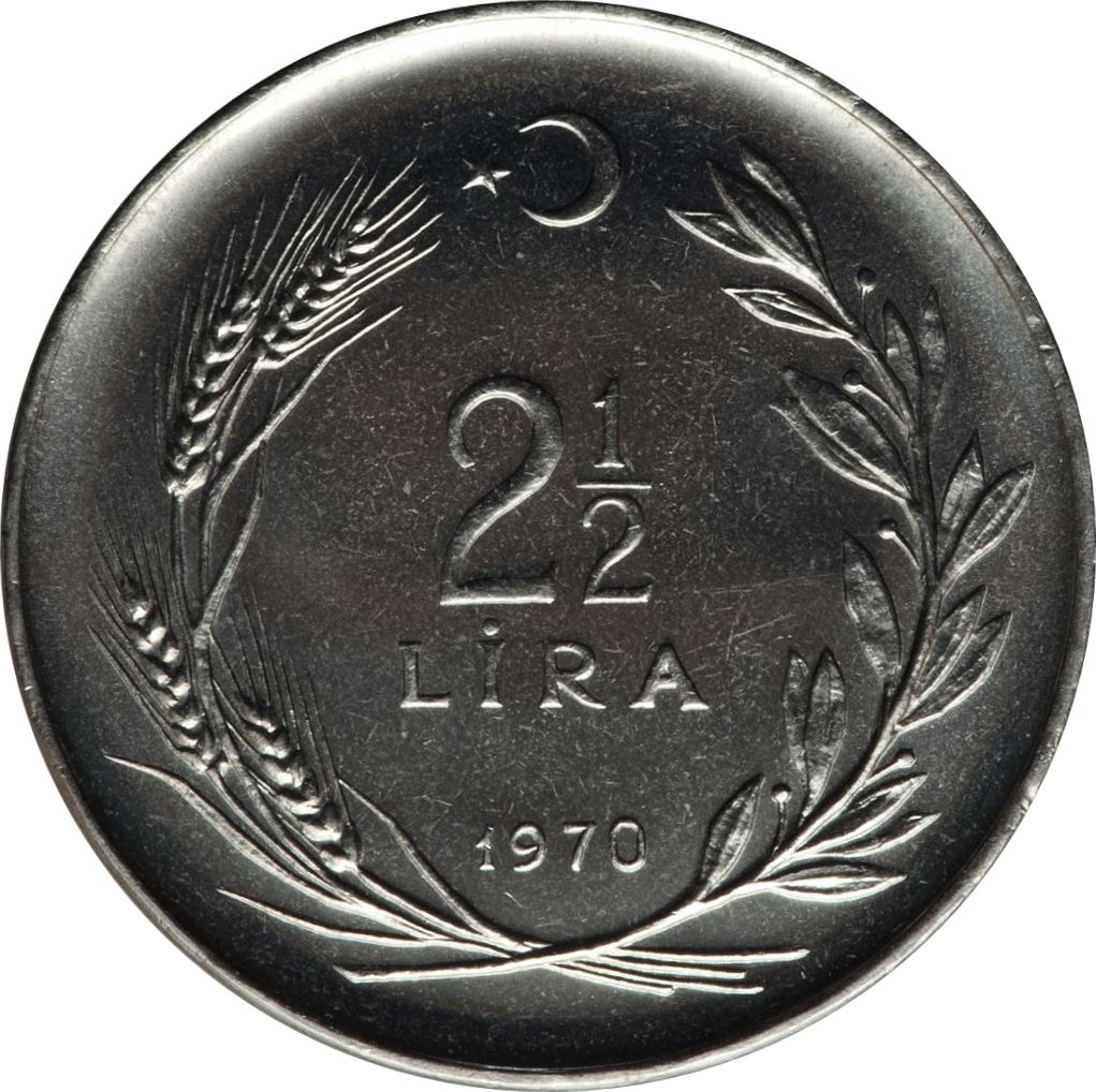 Turkey | Turkish 2.5 Lira Coin | FAO | President Mustafa Kemal Ataturk | Tractor | KM896 | 1970