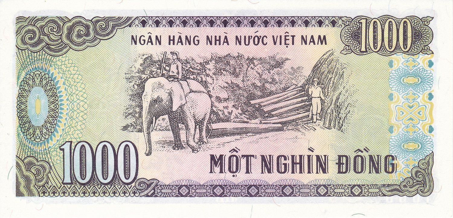 Vietnam | 1000 Dong Banknote | 1989 | Ho Chi Minh | Forestry | Elephant | Logs