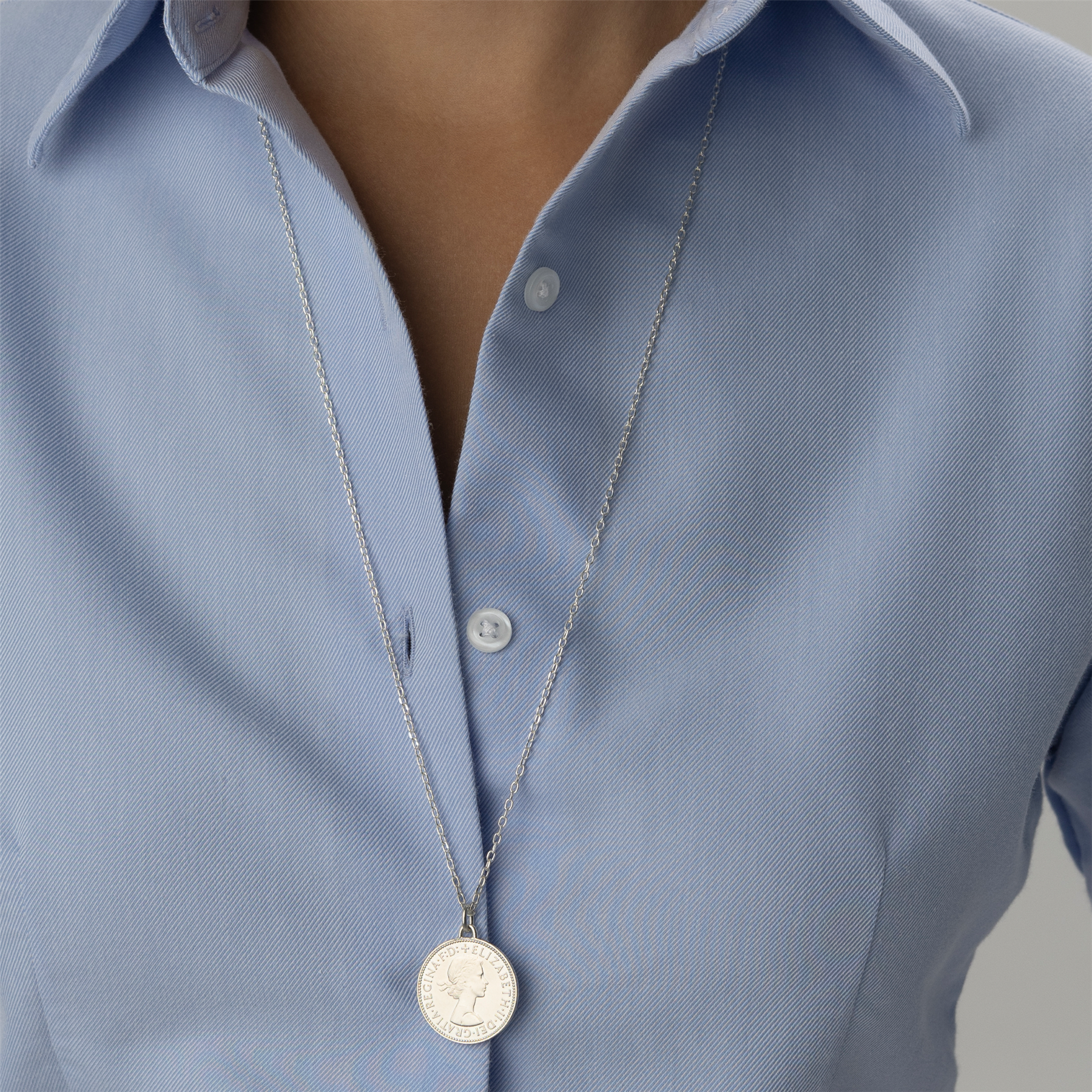 British Coin Necklace | Medallion Pendant Jewelry | Rhodium Plated 1/2 Penny | Queen Elizabeth II | 1954 - 1970