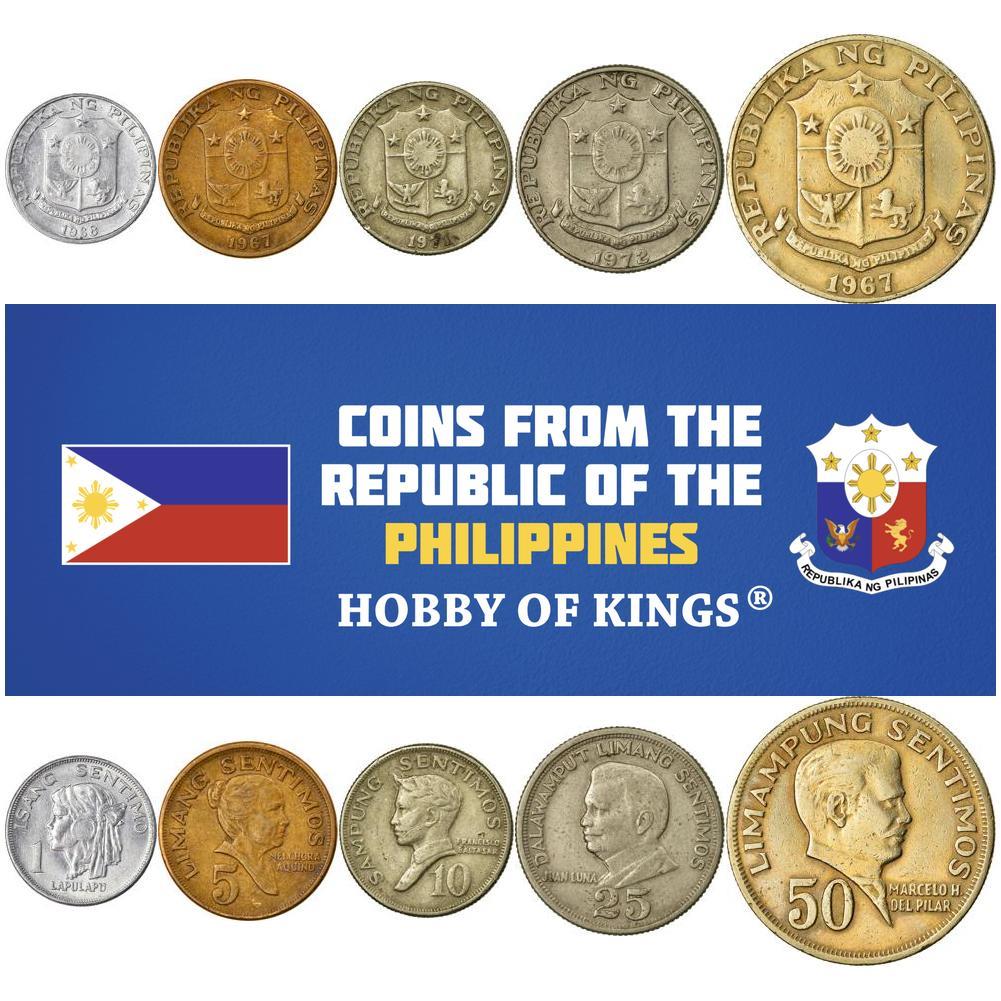 Philippines | 5 Coin Set | 1 Sentimo 5 10 25 50 Sentimos | Lapulapu | Melchora Aquino | Francisco Baltasar | Juan Luna | Marcelo H. del Pilar | 1967 - 1974