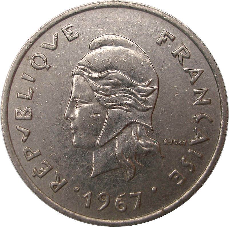 French Polynesia 10 Francs Coin | Marianne | Phrygian Cap | Tribal Mask | KM5 | 1967