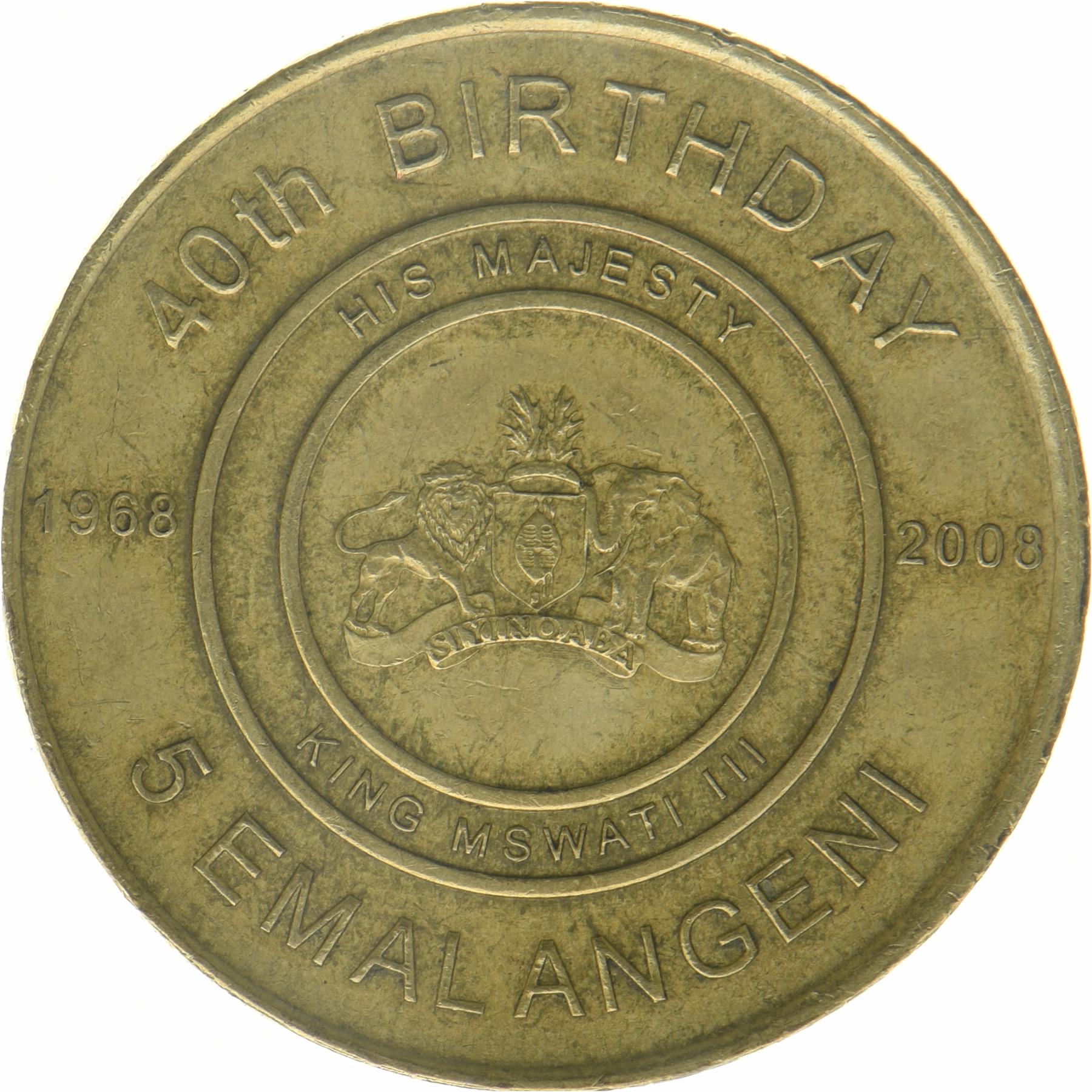 Eswatini 5 Emalangeni Mønt | Kong Mswati III | KM55 | 2008