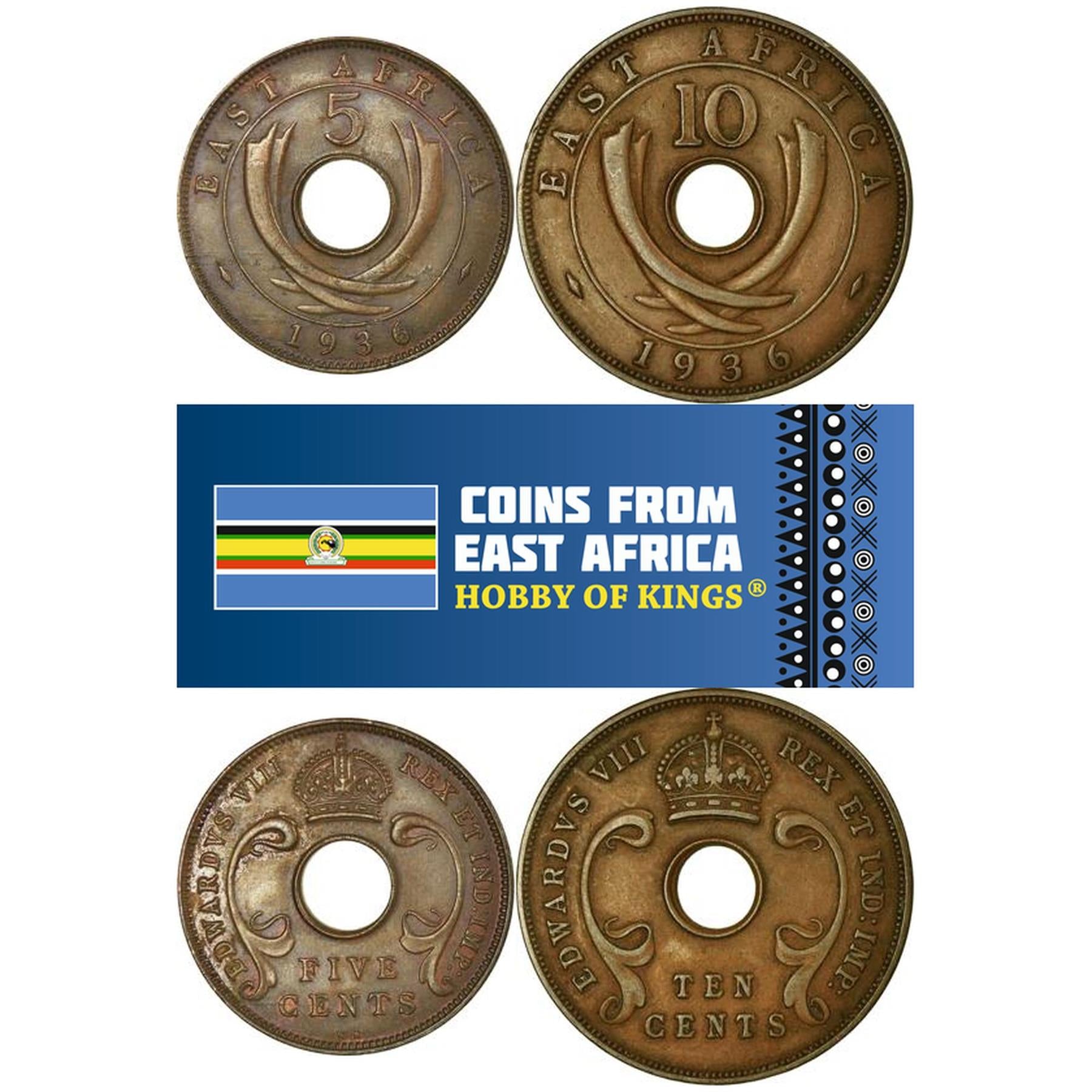 Afrique de l'Est | Ensemble de 2 pièces | 5 10 Cents | 1936