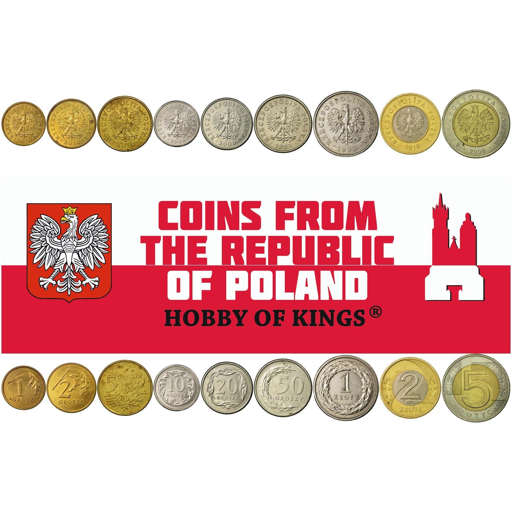 Poland | 9 Coin Set | 1 Grosz 2 5 10 20 50 Grosze 1 Zloty 2 5 Zlotys | 1990 - 2016
