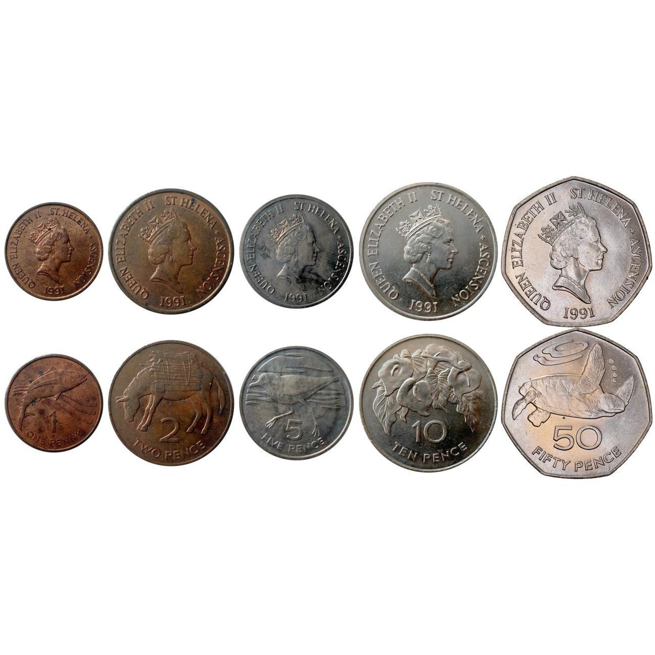 Sant'Elena e Ascensione | Set da 5 monete | 1 Penny 2 5 10 50 Pence | 1991