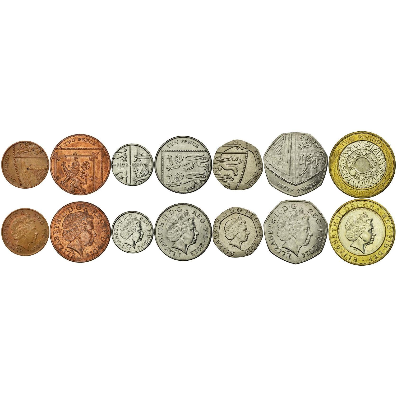 United Kingdom | 7 Coin Set | 1 Penny 2 5 10 20 50 Pence 2 Pounds | 2008 - 2015