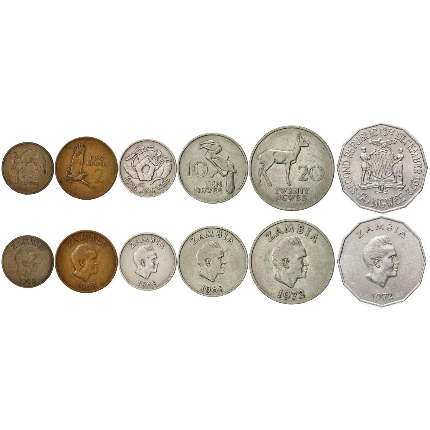 Zambia | 6 Coin Set | 1 2 5 10 20 50 Ngwee | 1968 - 1988