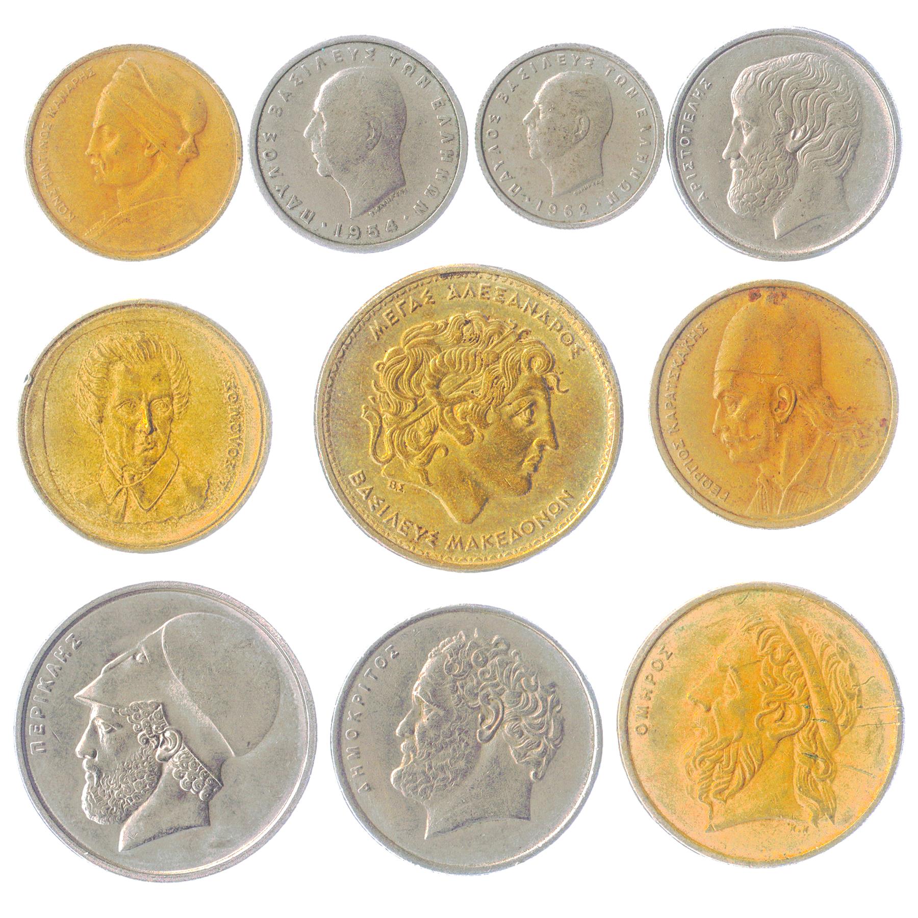 Greek 10 Mixed Coins | Greece | King Paul I | Constantine II | Lepta | Drachmes | 1954 - 2002