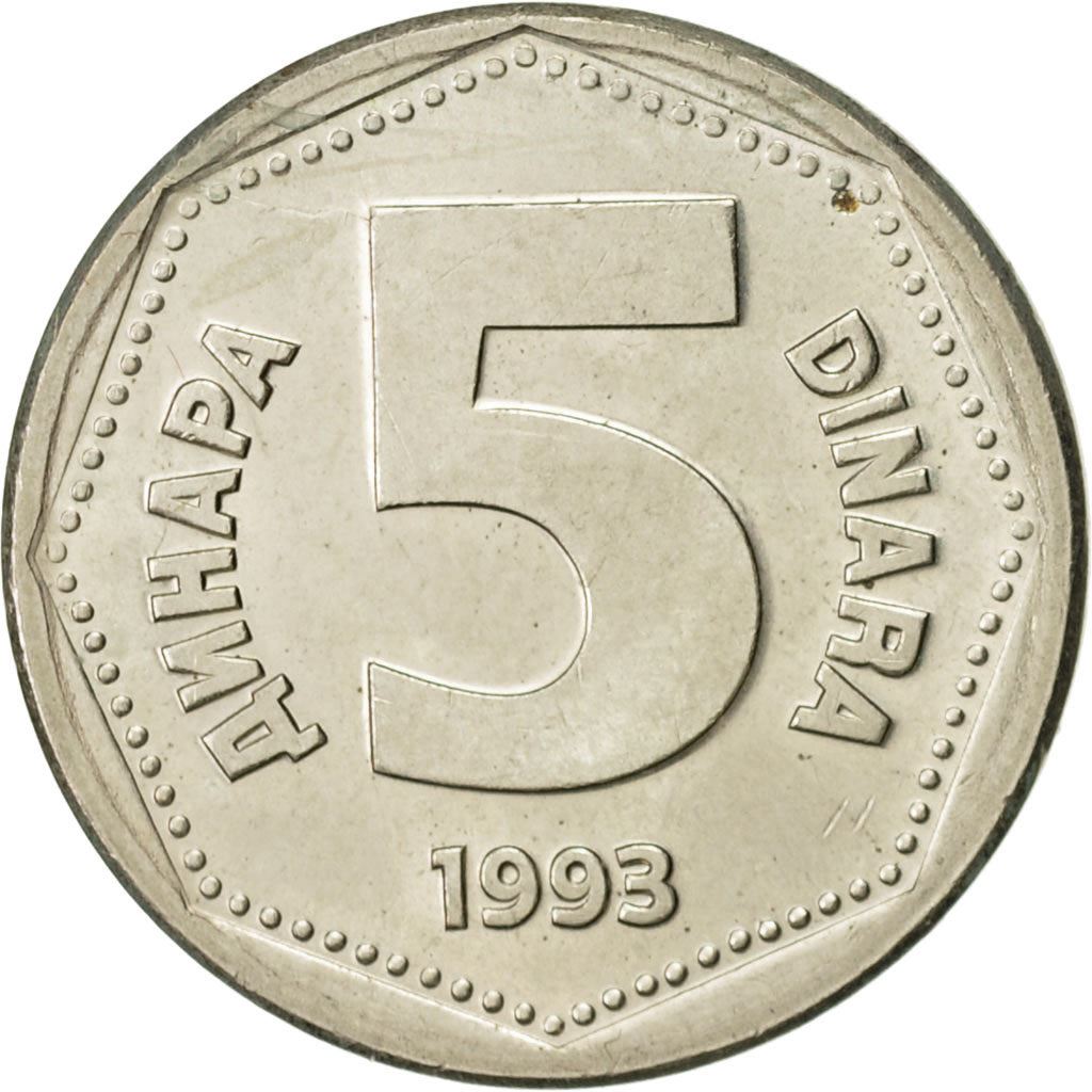 Jugoslavia | Moneta da 5 Dinari | Ottone Nichelato | Km:156 | 1993
