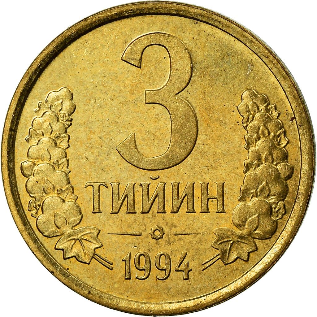 Uzbekistan | 3 Tiyin Coin | Stars | Cotton | Wheat | Sun | Huma Bird | Km:2 | 1994