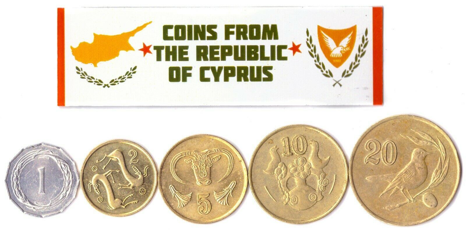 5 Mixed Coins From Cyprus | Cents | Mils | Ancient Cypriot Symbols | 1955 - 2007