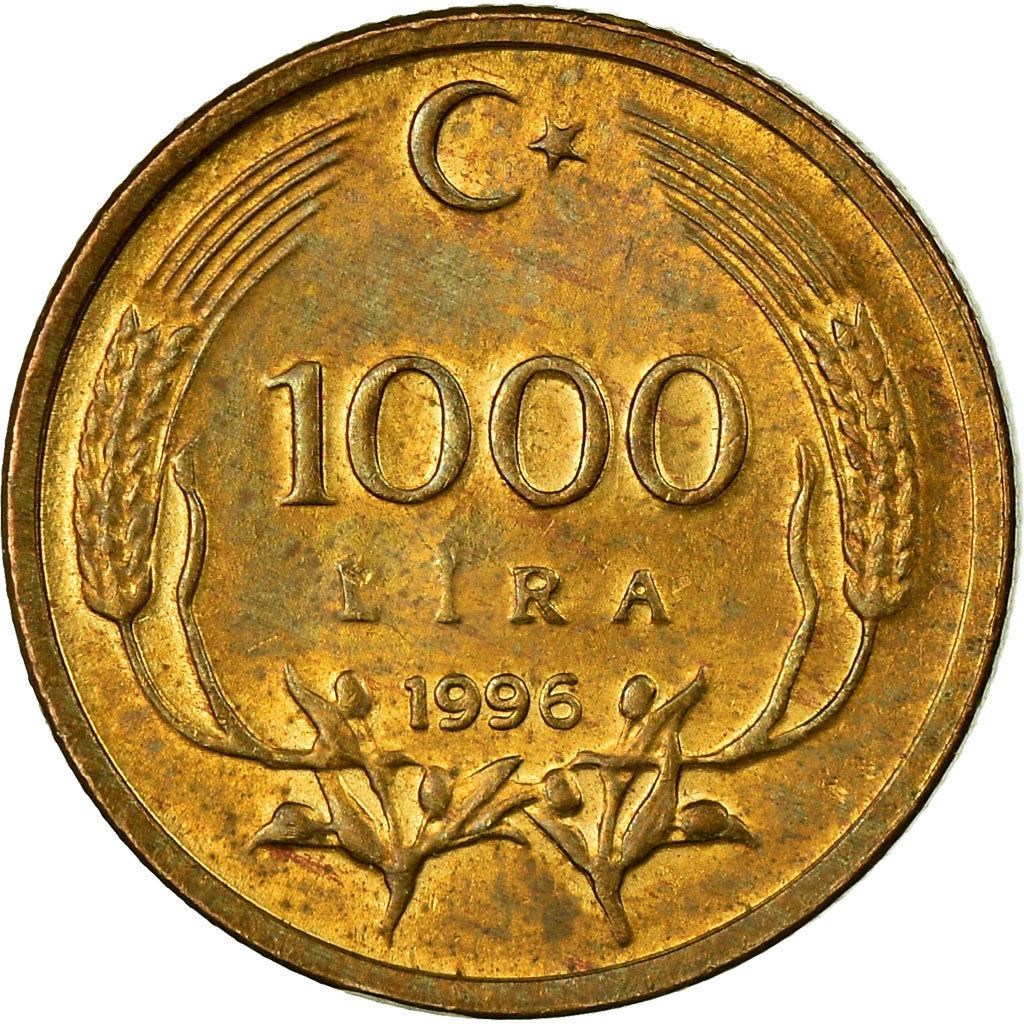 Turkey | 1000 Lira Coin | Crescent and Star | Oat Sprigs | Km:1028 | 1995 - 1998