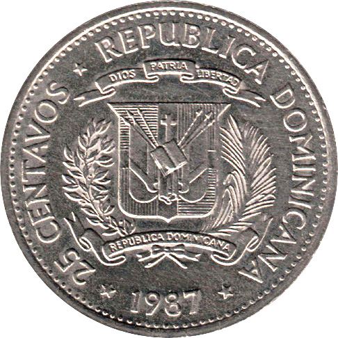 Dominican Republic 25 Centavos Coin | Mirabal Sisters | Maria Teresa | KM61 | 1983 - 1987