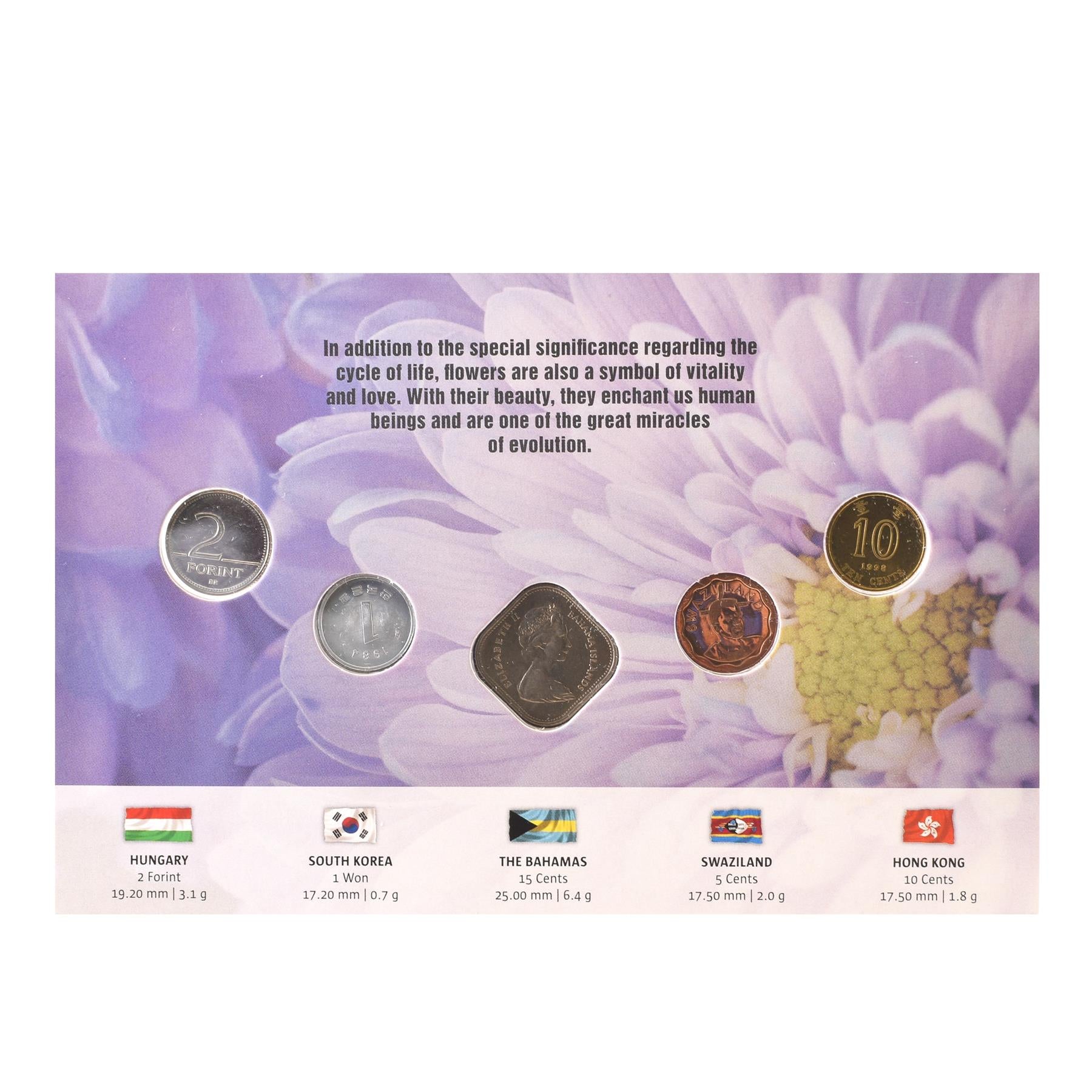 5 Coin Set World Flowers | Blistercard | Orchid | Arum Lily | Hibiscus | Rose of Sharon | Saffron Plant