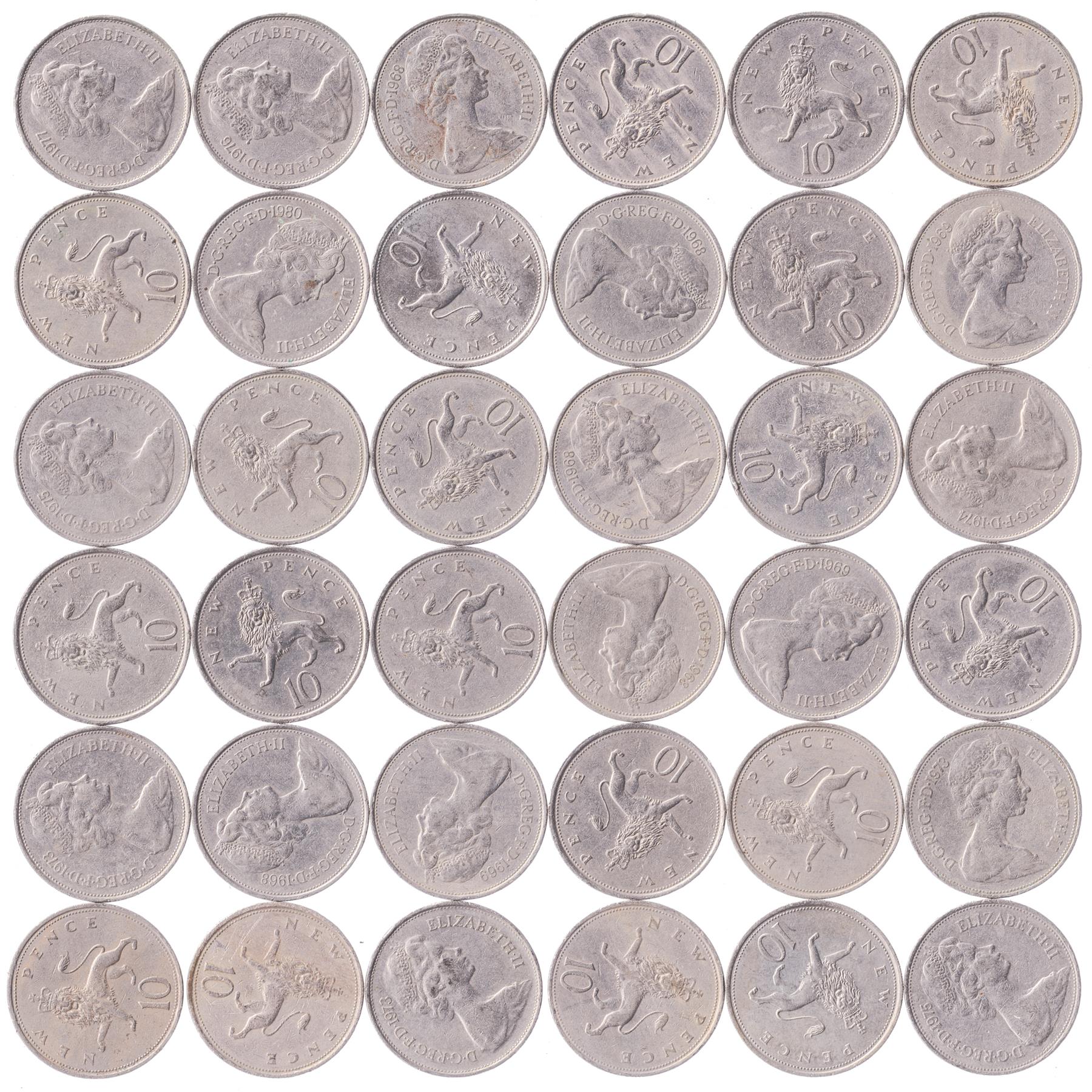 United Kingdom 10 New Pence | 100 Coins | Elizabeth II 2nd portrait | 1968 - 1981