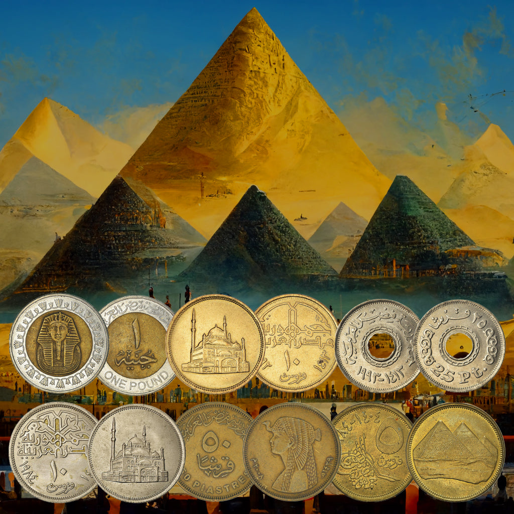 Egyptian currency, pharaoh, cleopatra, qirsh, milliemes, pound, money, eagle of saladin