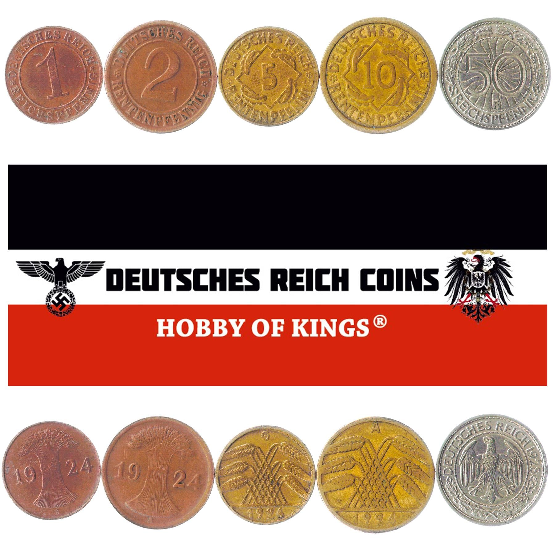 German Reich 5 Coin Set 1 2 5 10 50 Reichspfennig | Wheat Ears | Weimar Republic | 1924 - 1938