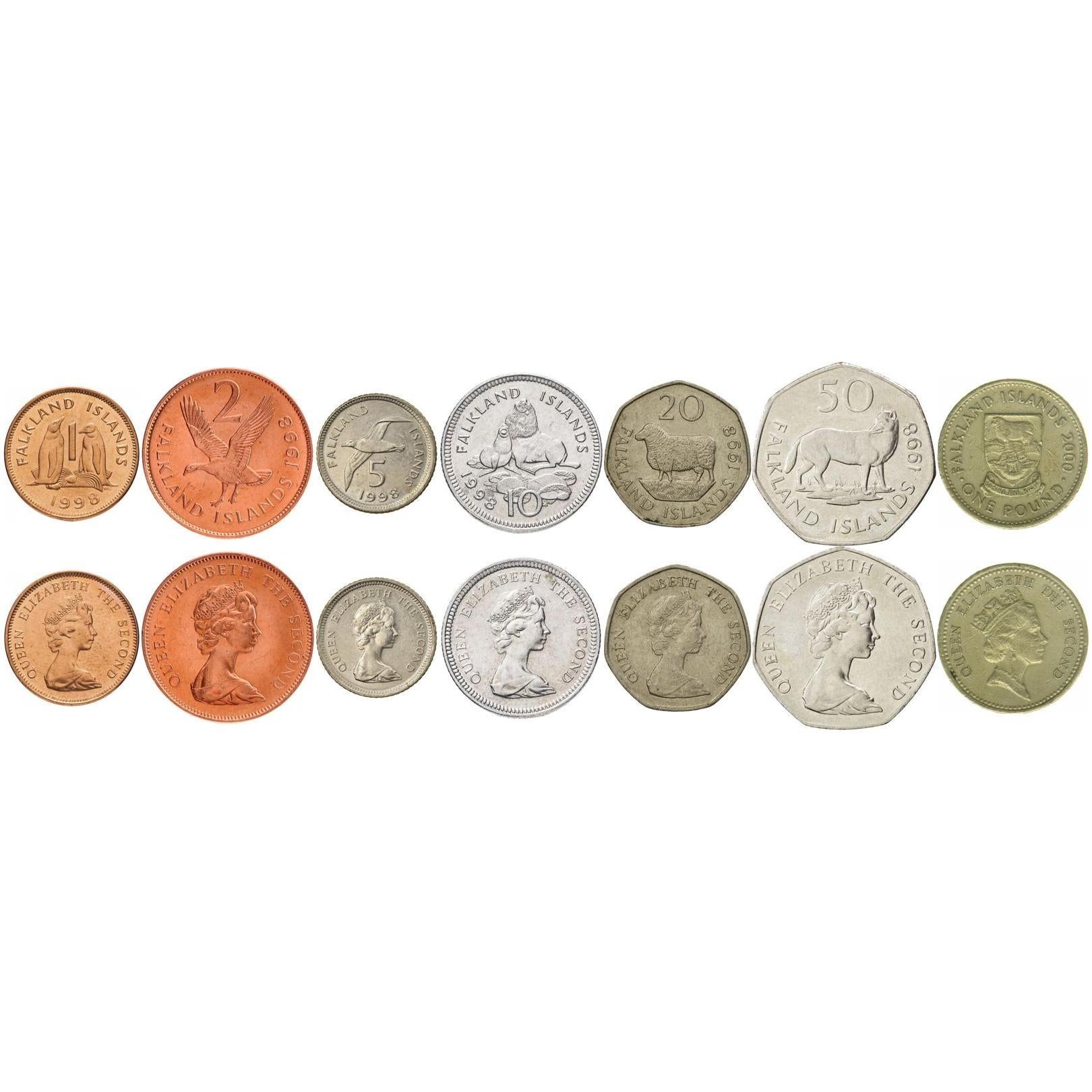 Falkland Islands | 7 Coin Set | 1 Penny 2 5 10 20 50 Pence 1 Pound | 1998 - 2000