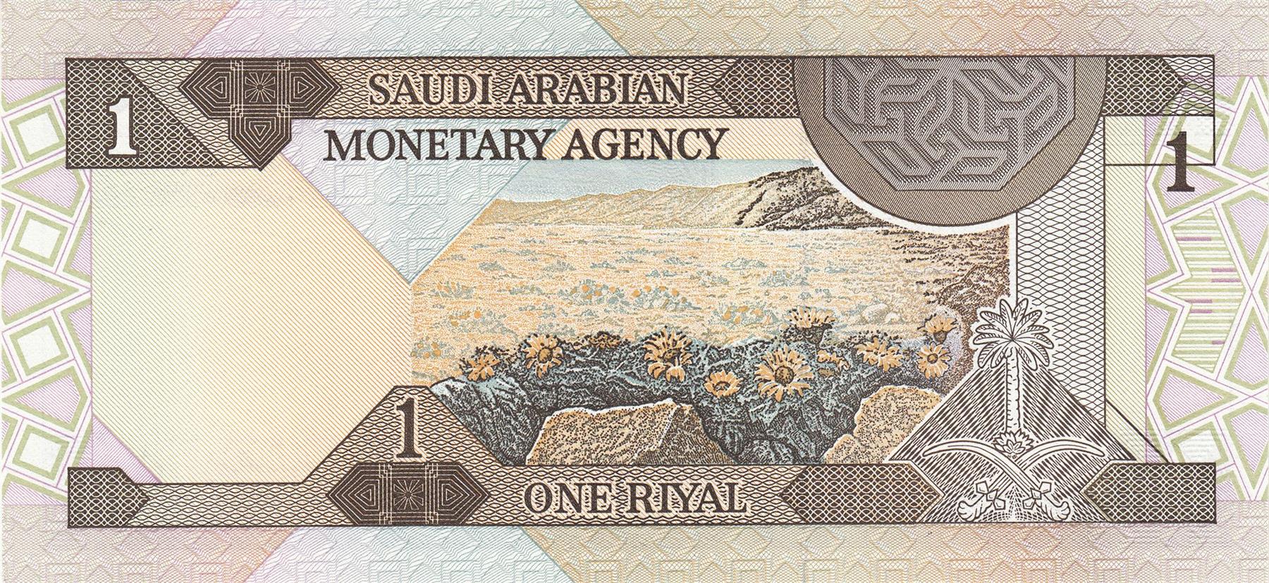 Saudi Arabia | 1 Riyal Banknote | 1984 | Fahd bin Abdulaziz Al Saud | Landscape | Swords | Palm Tree