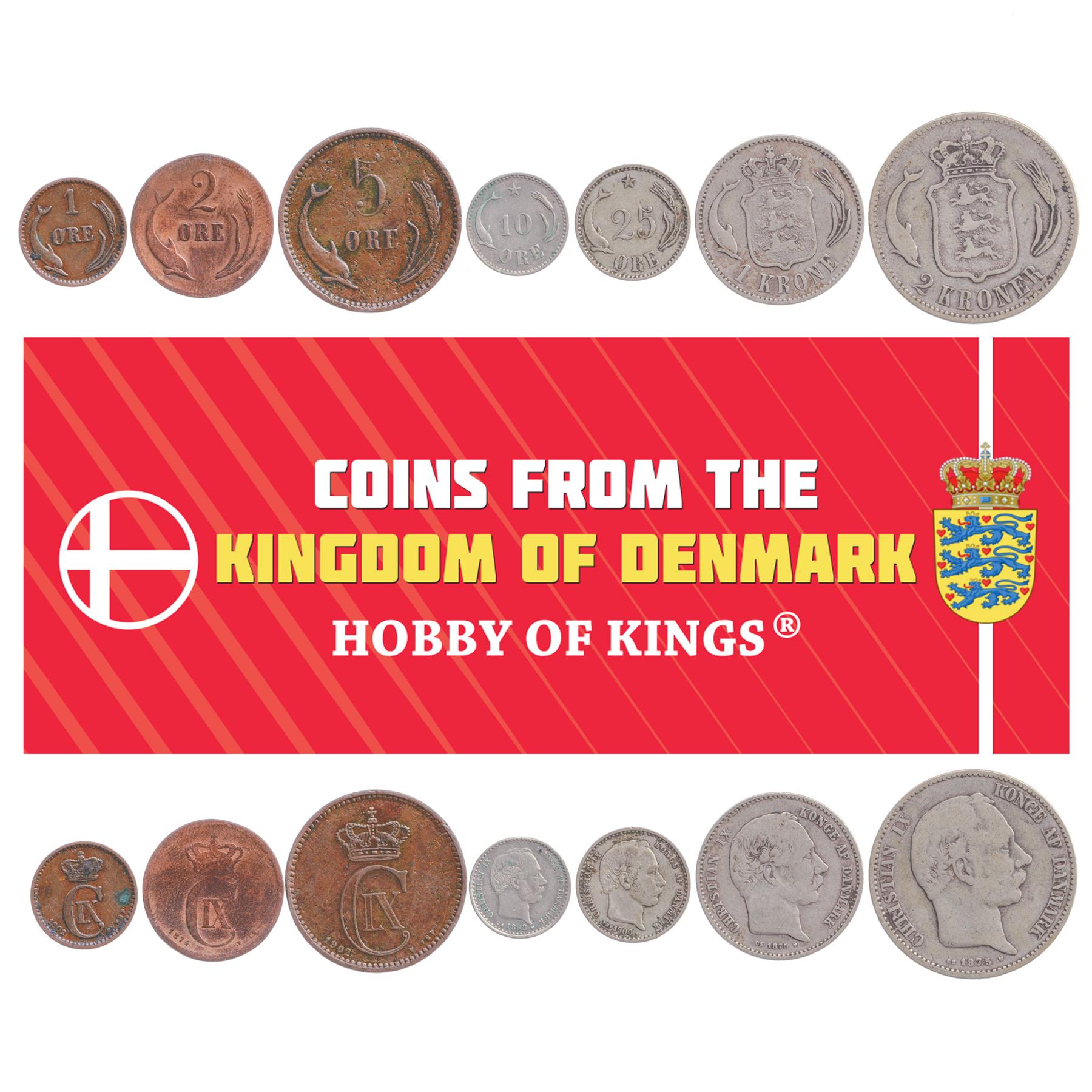 Denmark | 7 Coin Set | 1 2 5 10 25 Ore 1 Krone 2 Kroner | 1874 - 1906