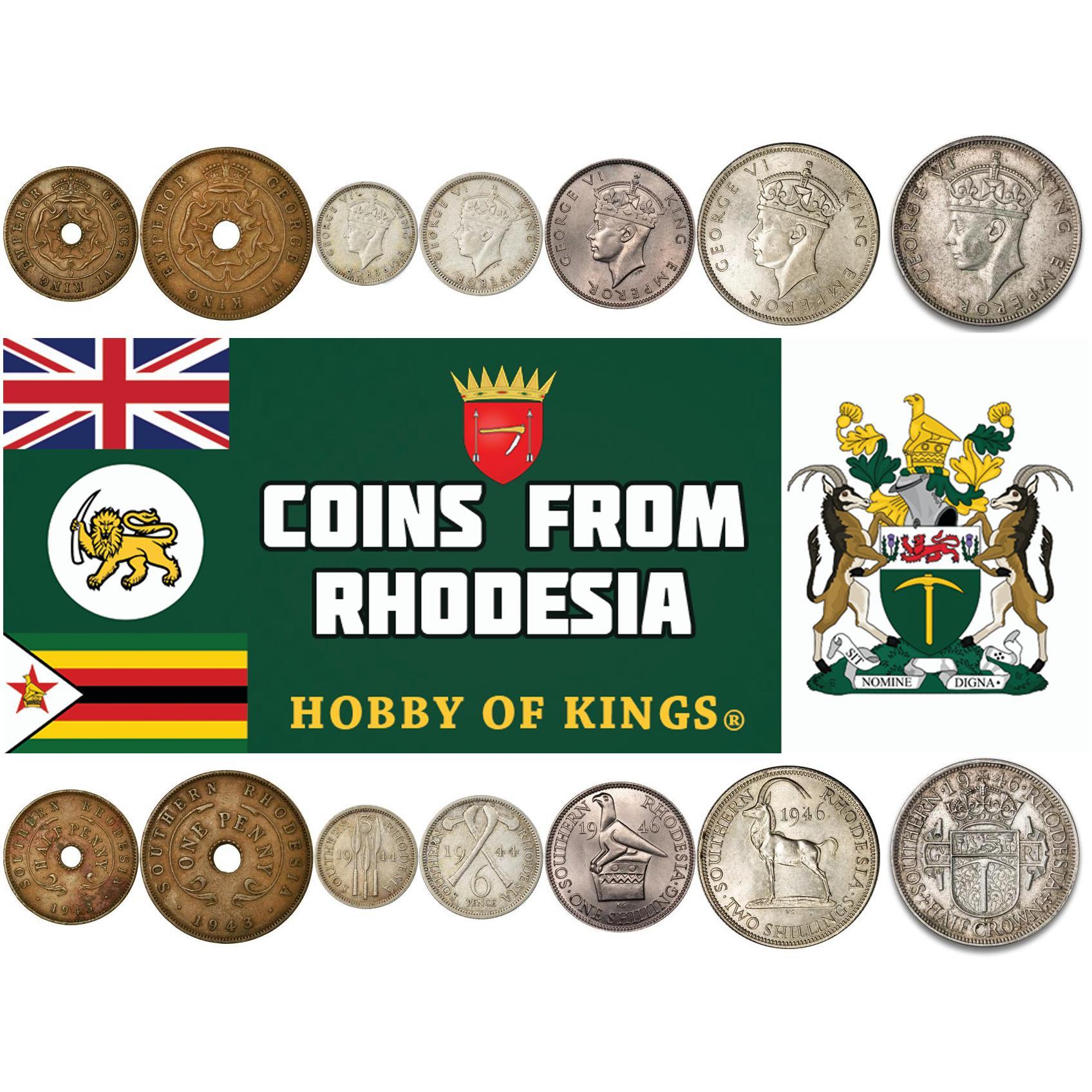 Southern Rhodesia | 7 Coin Set | 1/2 1 Penny 3 6 Pence 1 Shilling 2 Shillings 1/2 Crown | 1942 - 1947