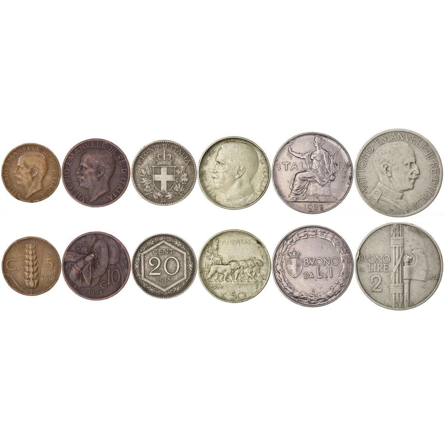 Italian 6 Coin Set 5 10 20 50 Centesimi 1 2 Lire | Lions | Honey Bee | Chariot | 1918 - 1937