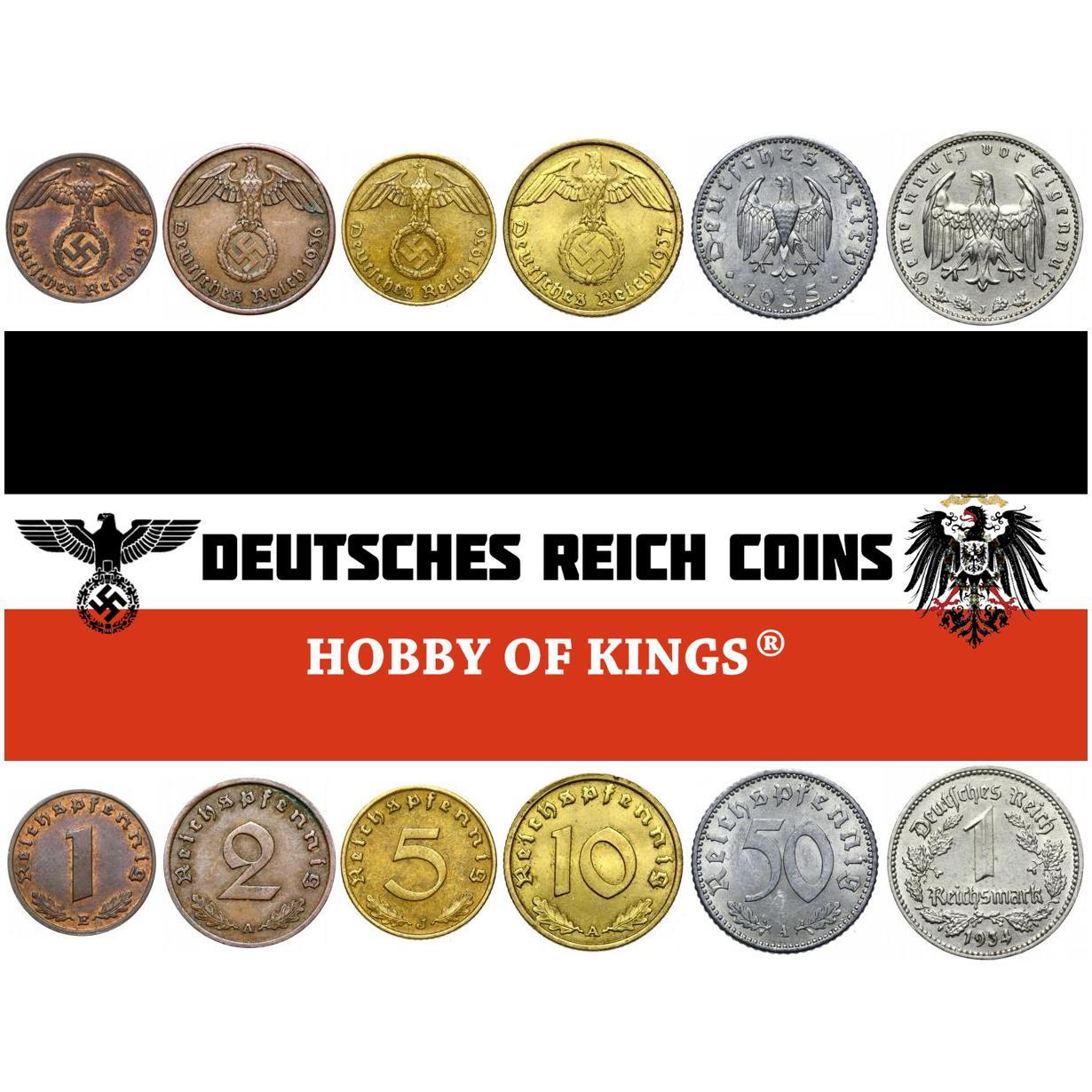 Germany | Third Reich | 6 Coin Set | 1 2 5 10 50 Reichspfennig 1 Reichsmark | 1933 - 1940