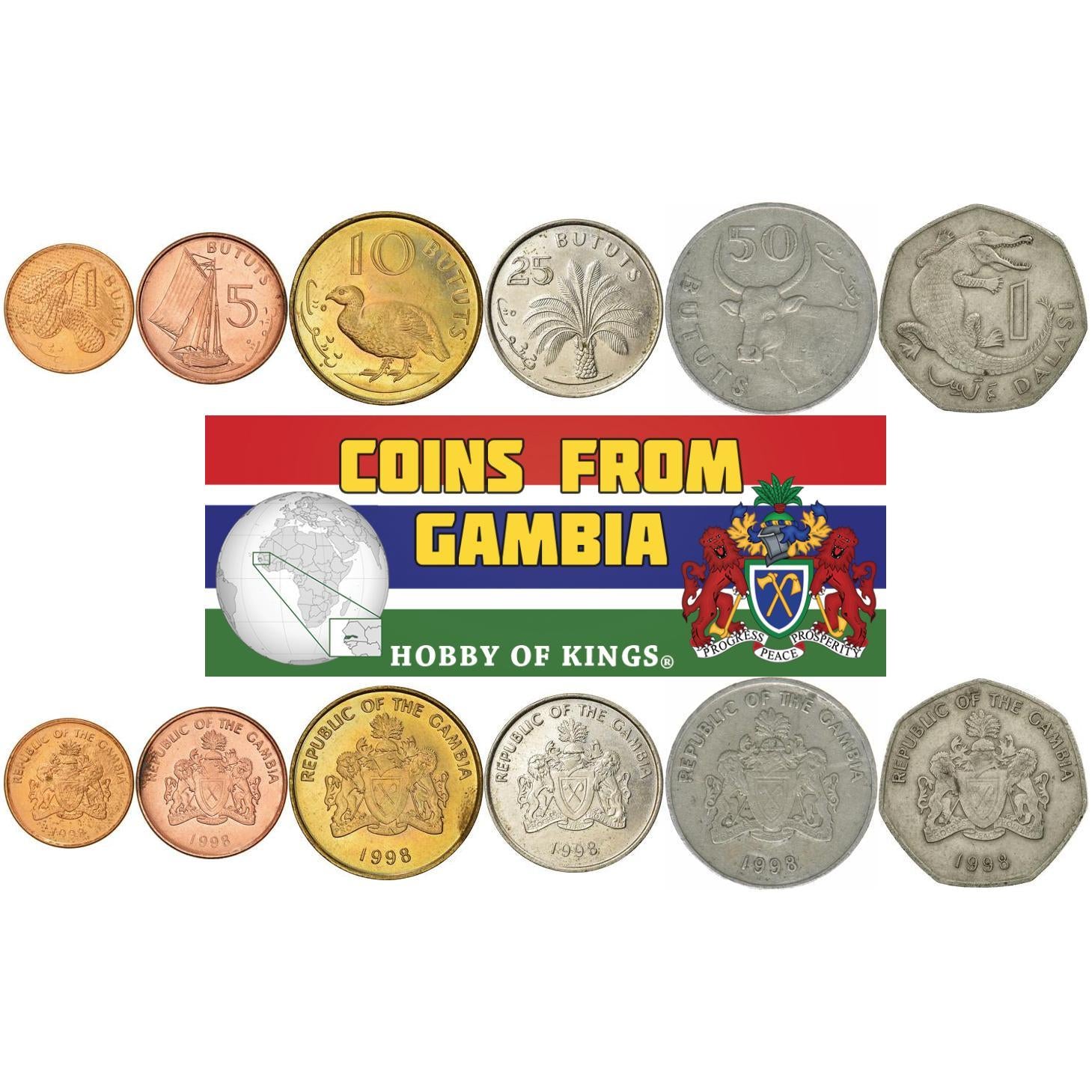 The Gambia | 6 Coin Set | 1 Butut 5 10 25 50 Bututs 1 Dalasi | 1998