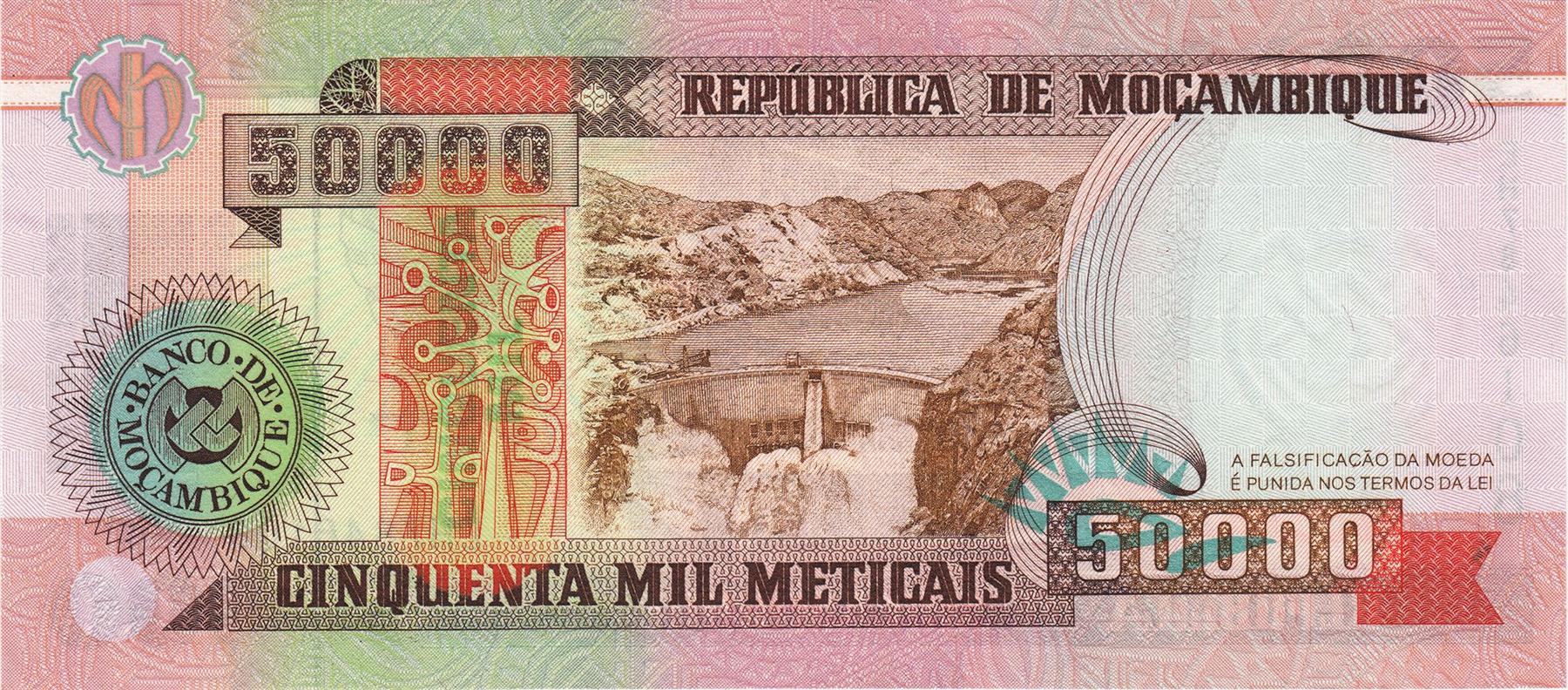 Mozambique | 50 000 Meticais Banknote | 1993 | Bank of Mozambique | Mountains | Dam