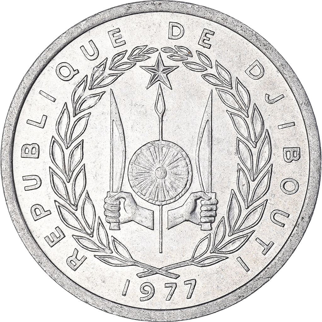 Djibouti | 1 Franc Coin | Knife | Spear | Shield | Waterbuck | Km:20 | 1977 - 1999