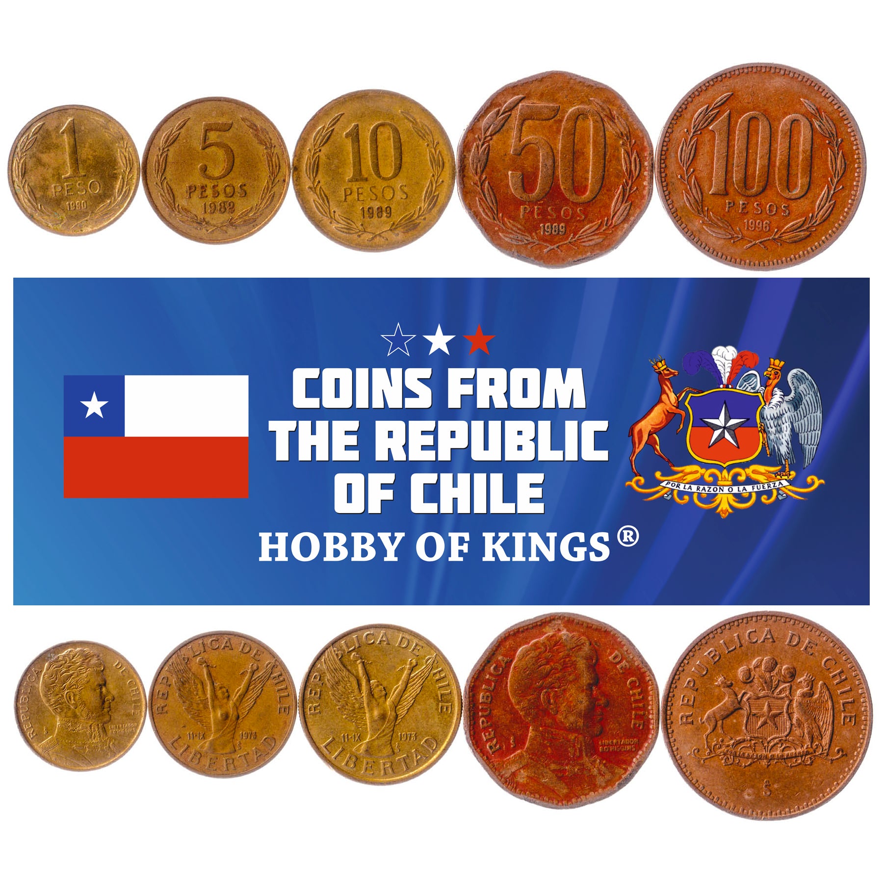 Chile | Set de 5 Monedas | 1 Peso 5 10 50 100 Pesos | Bernardo O'Higgins | Chilena | Corona de laurel | 1981 - 2023
