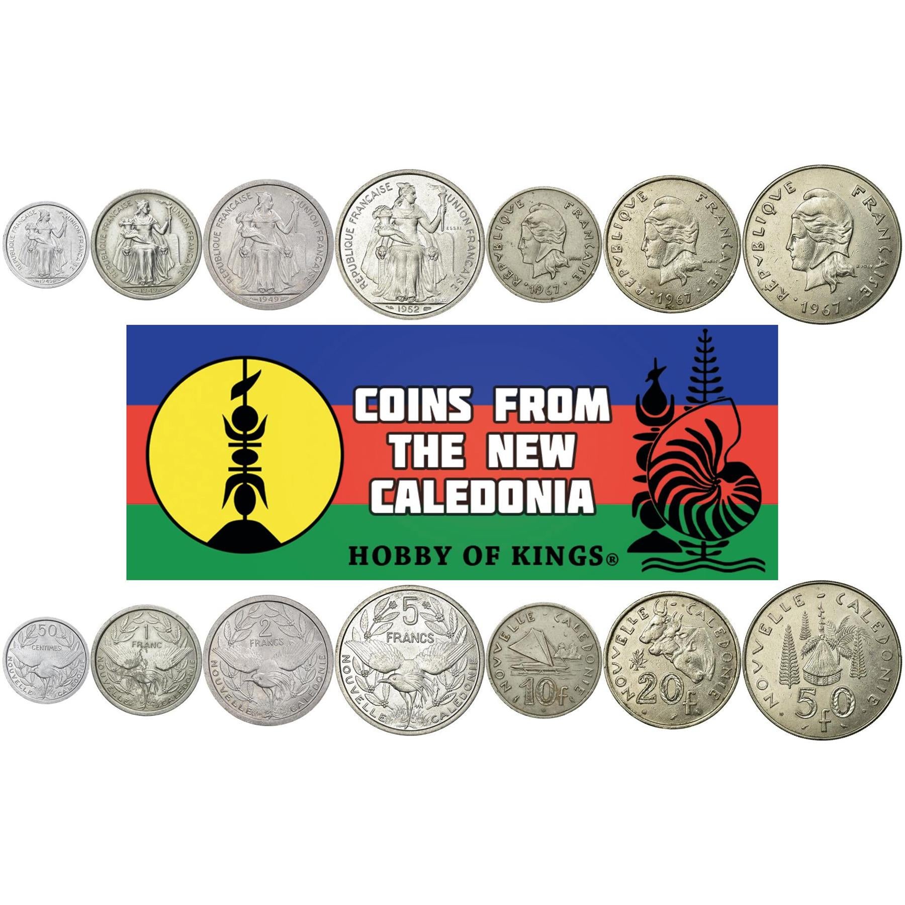 Caledonia 7 Coin Set 50 Sentimes 1 2 5 10 20 50 Francs 1949 - 1970