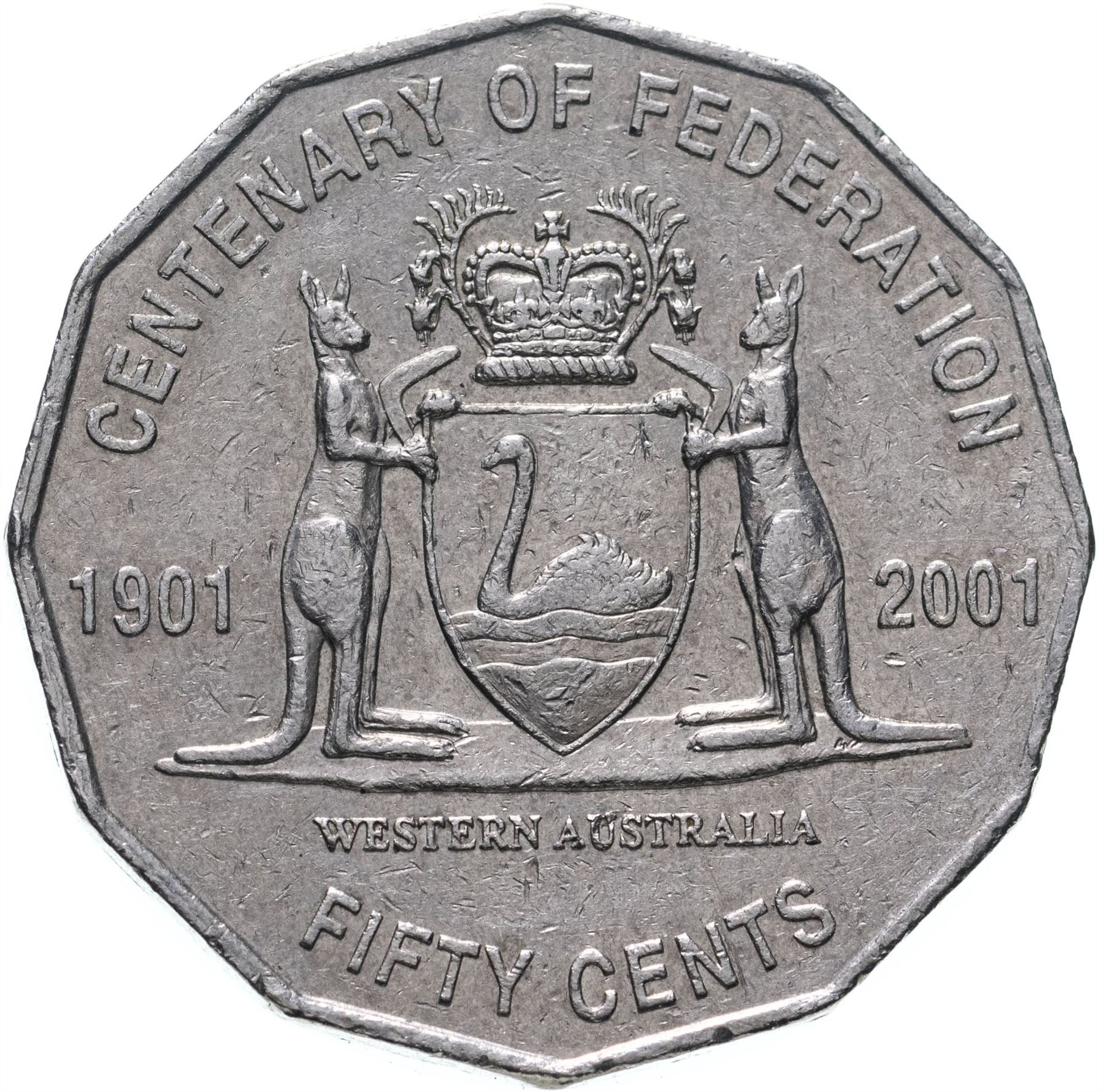 Australia | 50 Cents Coin | Elizabeth II | Federation | Western Australia | Read Kangaroos | KM563 | 2001