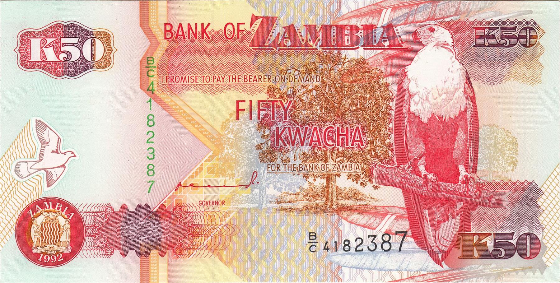 Zambia | 50 Kwacha Banknote | 1992 - 2010 | Sausage Tree | African Fish Eagle | Feathers | Zebra | Copper Refining | Chainbreaker Statue