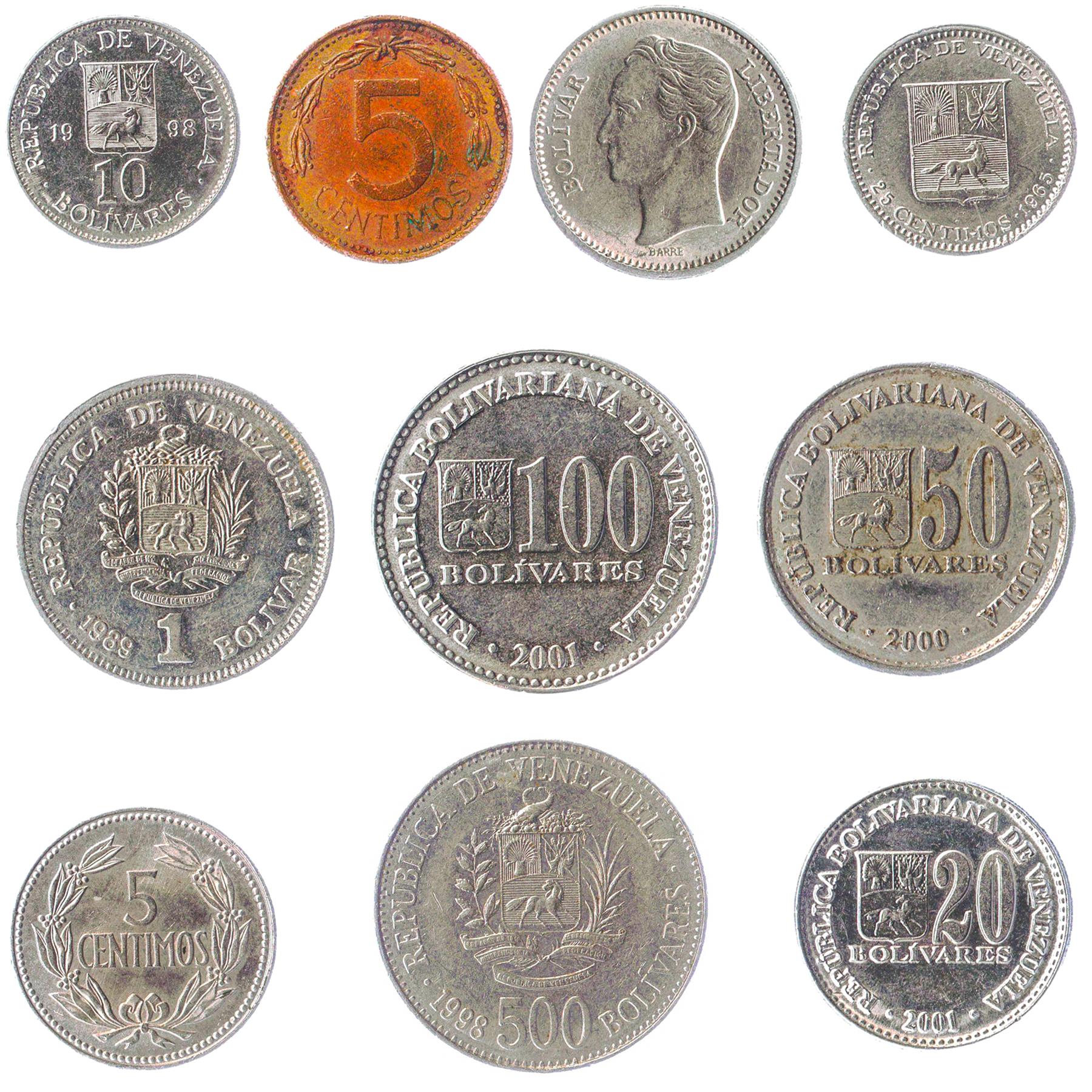 Venezuela 10 Mixed Coins 1 Bolivar |Stars | Waves | Simon Bolivar | 1979 - 2020