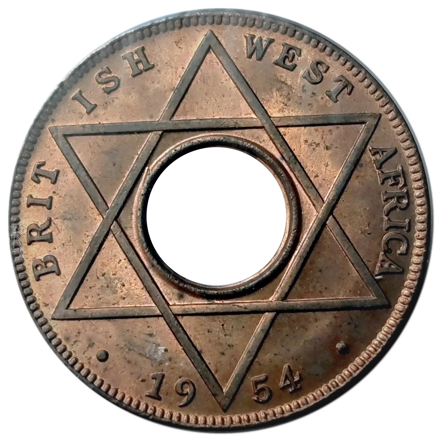 British West Africa | 1/10 Penny Coin | Crown | Hexagram | Hole | KM:32 | 1954 - 1957