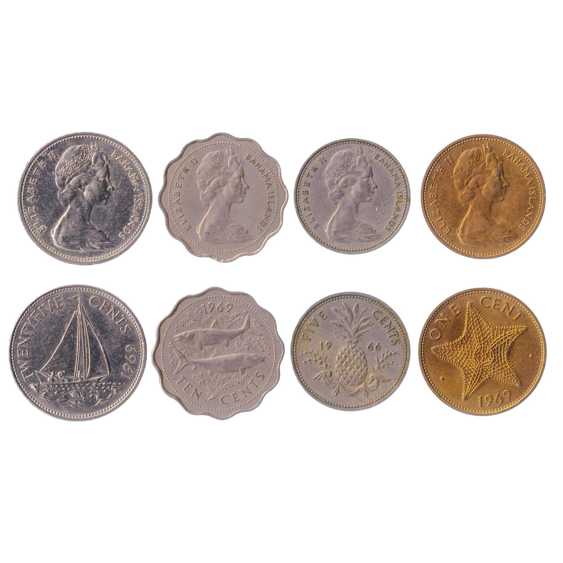 Bahamian 4 Coin Set 1 5 10 25 Cents | Bonefish | Elizabeth II | Bahamian Sailboat | Pineapple | 1966 - 1970