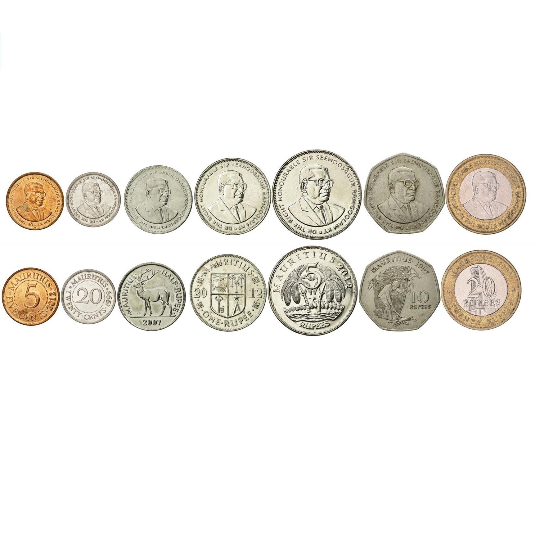 Mauritius | 7 Coin Set | 5 20 Cents 1/2 1 Rupee 5 10 20 Rupees | 2012 - 2023