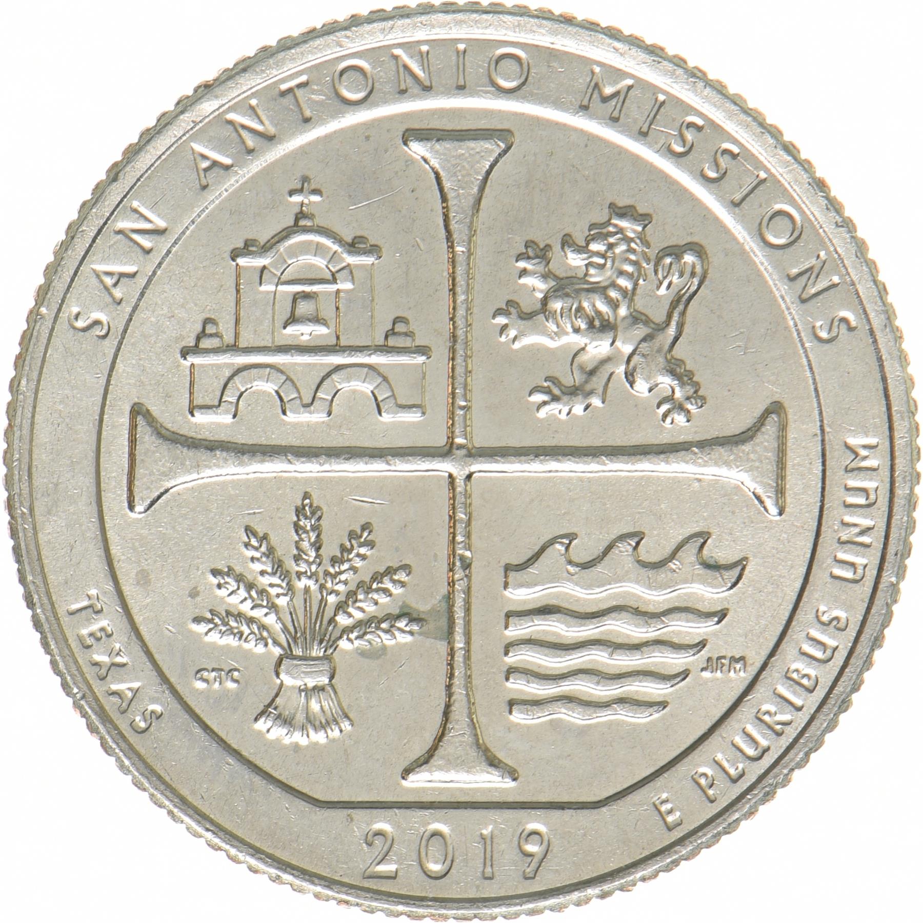 United States | ¼ Dollar | Copper-nickel clad copper | San Antonio Missions National Historical Park, Texas | KM:703 | 2019