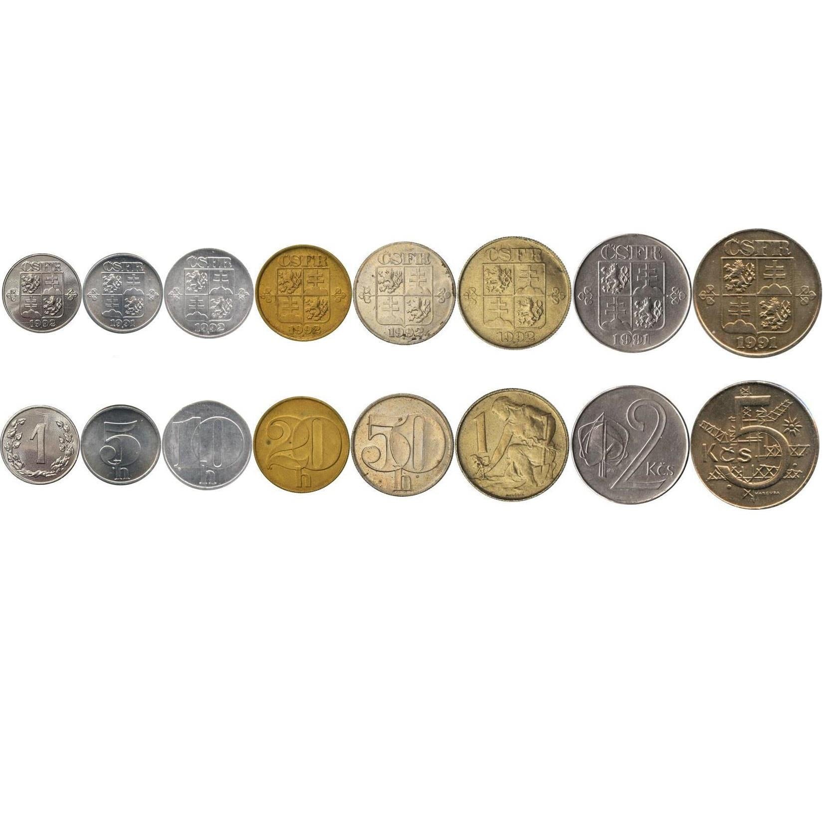 Czechoslovakia | 8 Coin Set | 1 5 10 20 50 Haleru 1 2 5 Korun | Linden wreath | ČSFR | M·KUČOVÁ | JN 2 Kčs | HARCUBA | 1991 - 1992