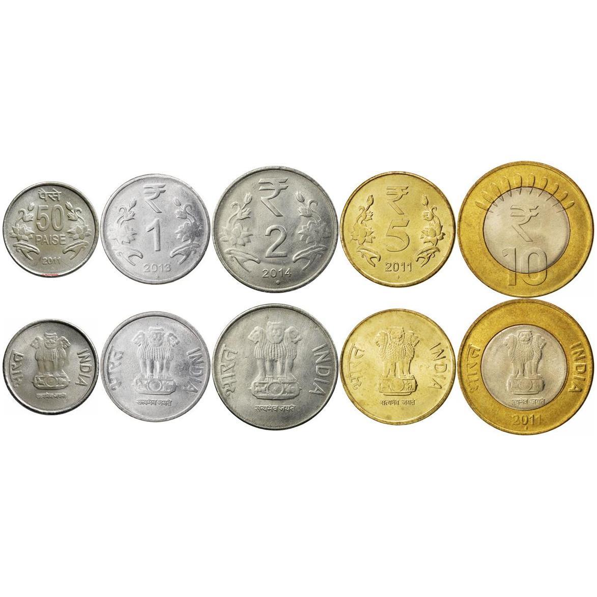 הודו | סט של 5 מטבעות | 50 פאיסה 1 רופי 2 5 10 רופי | 2011 - 2019