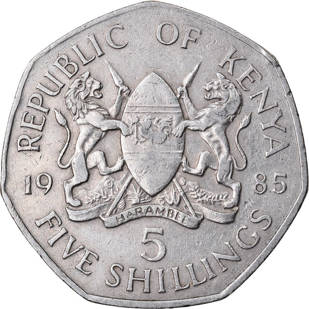 Quénia 5 xelins | Escudo | Machado | Leão | Pássaro | Moeda de Lança | KM23 | 1985