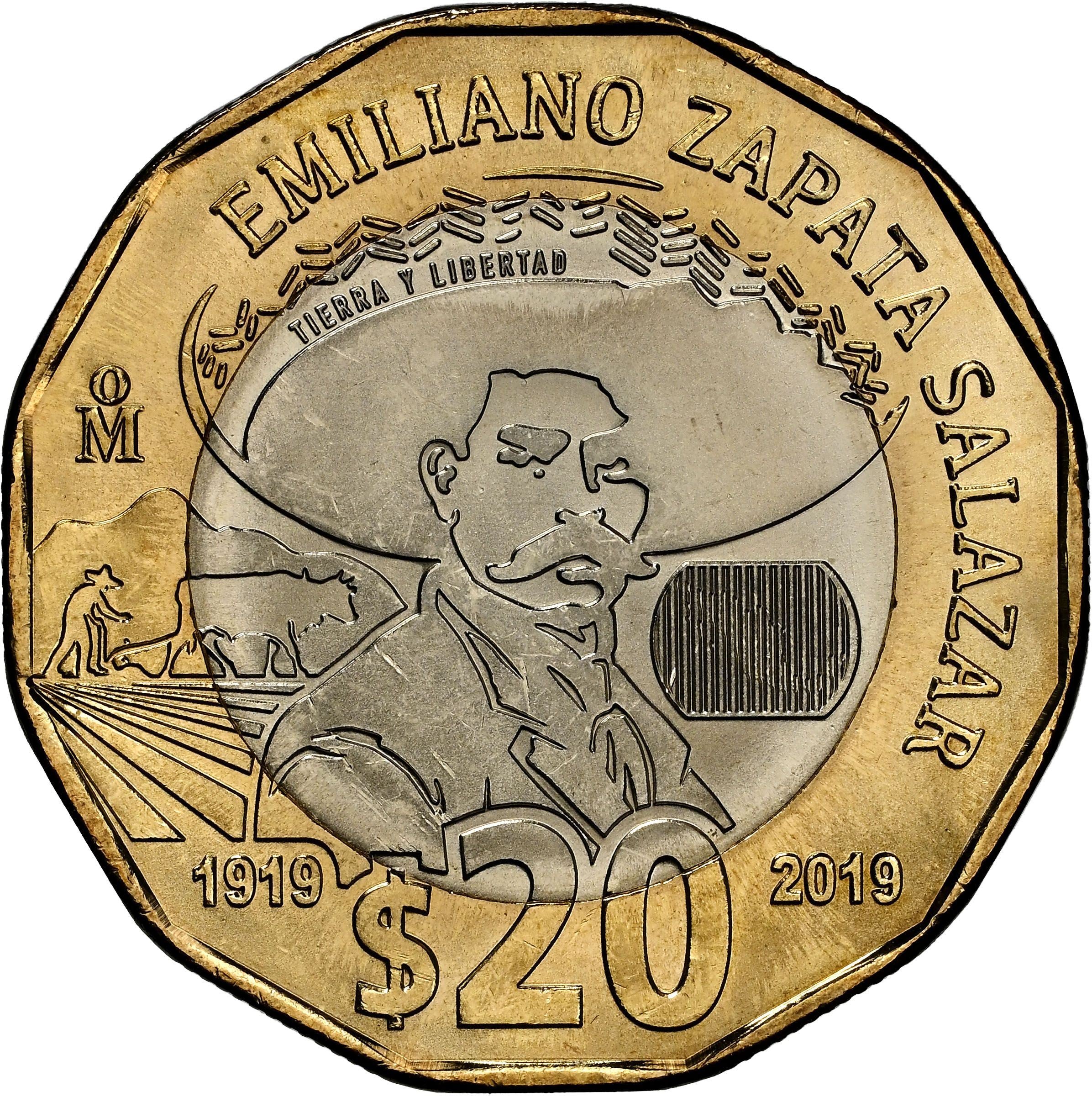 Mexico | 20-pesomønt | Emiliano Zapata Salazar | Bimetallisk | KM:992 | 2019