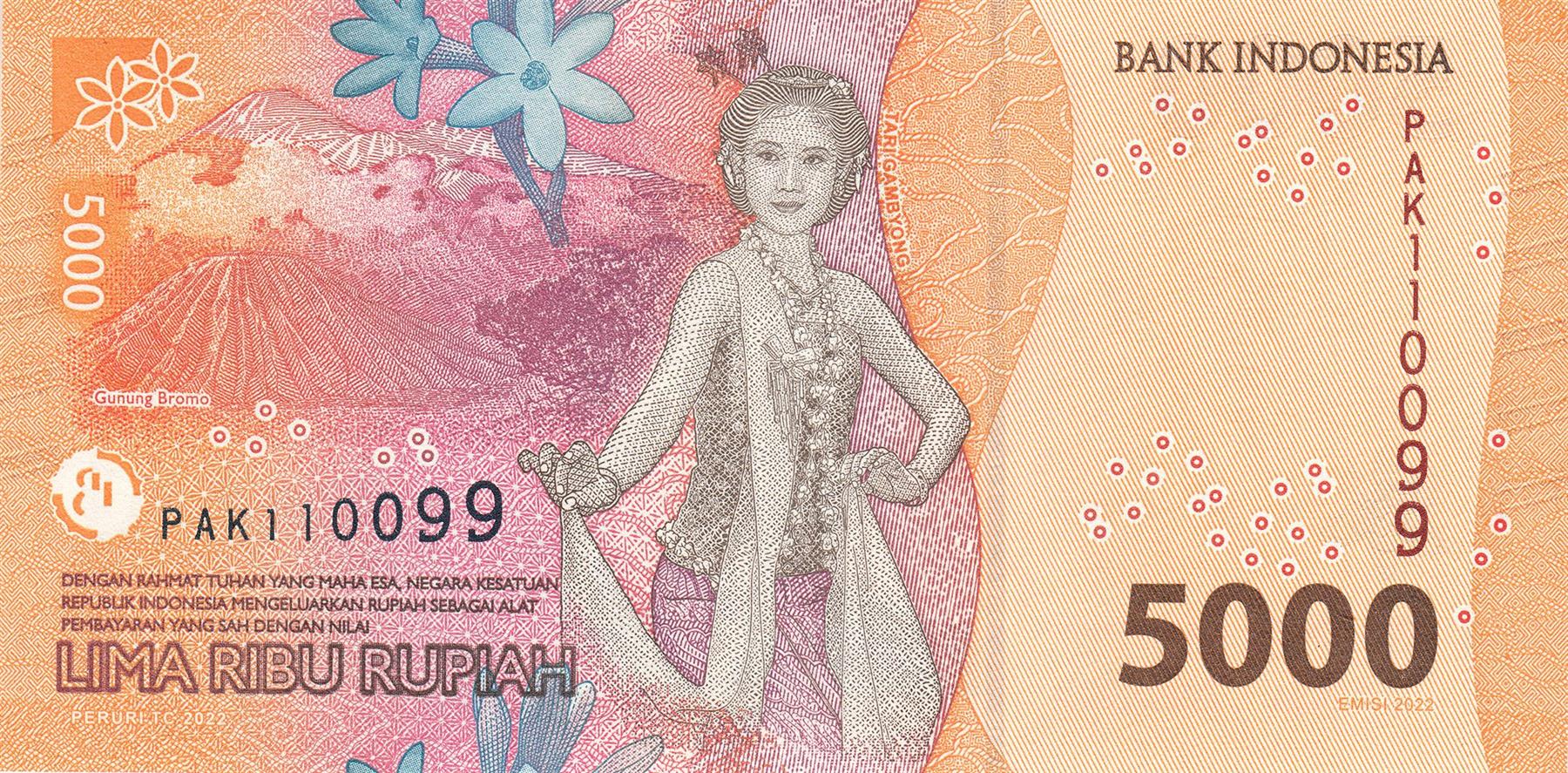 Indonesia | 5000 Rupiah Banknote | 2022 - 2026 | Idham Chalid | Tuberose Flower | Tari Gambyong Dancer | Mount Bromo Volcano